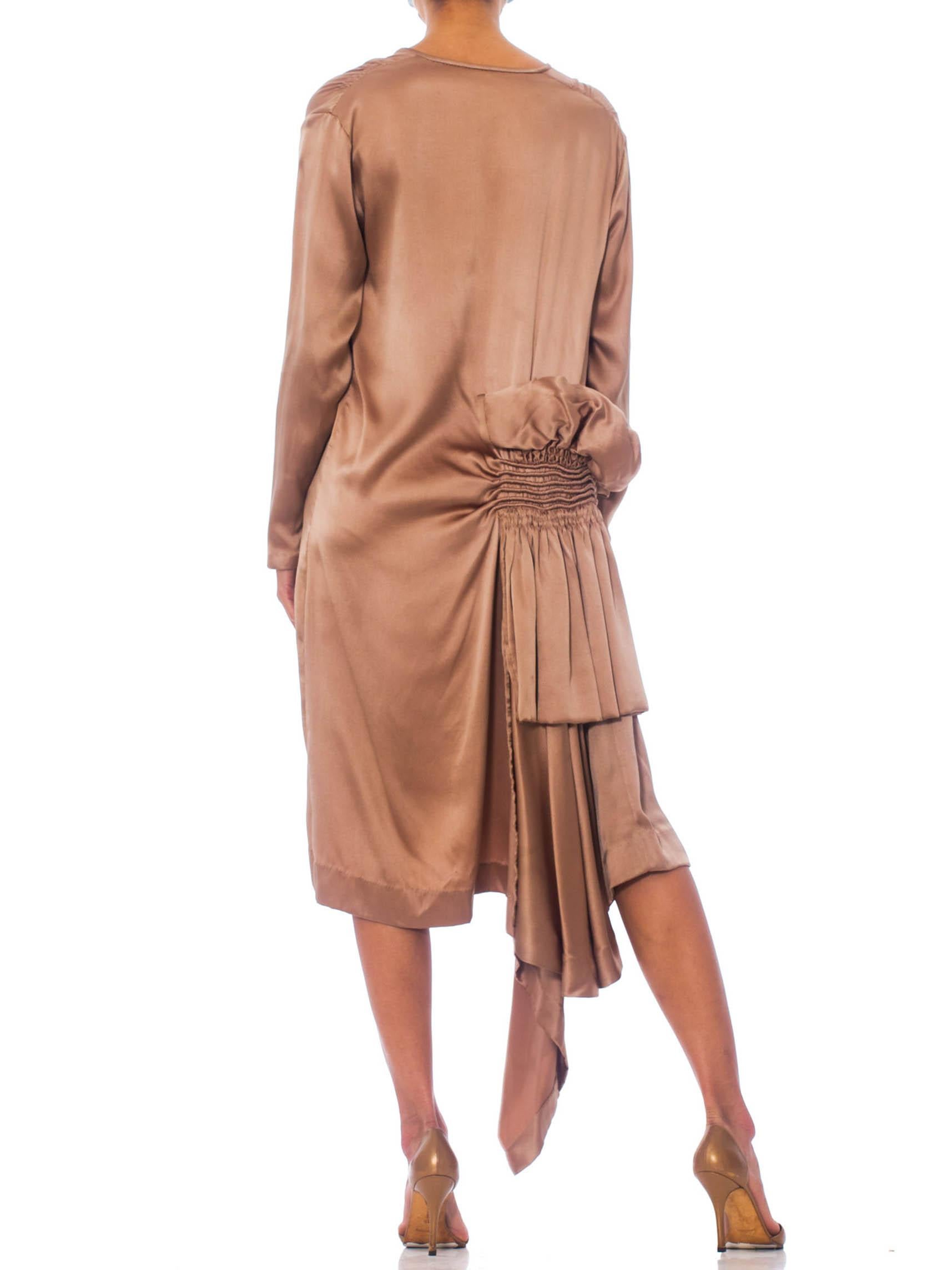 1920S Champagne Silk Crepe Back Satin  Low V Neck Dress With Sleeves In Excellent Condition For Sale In New York, NY