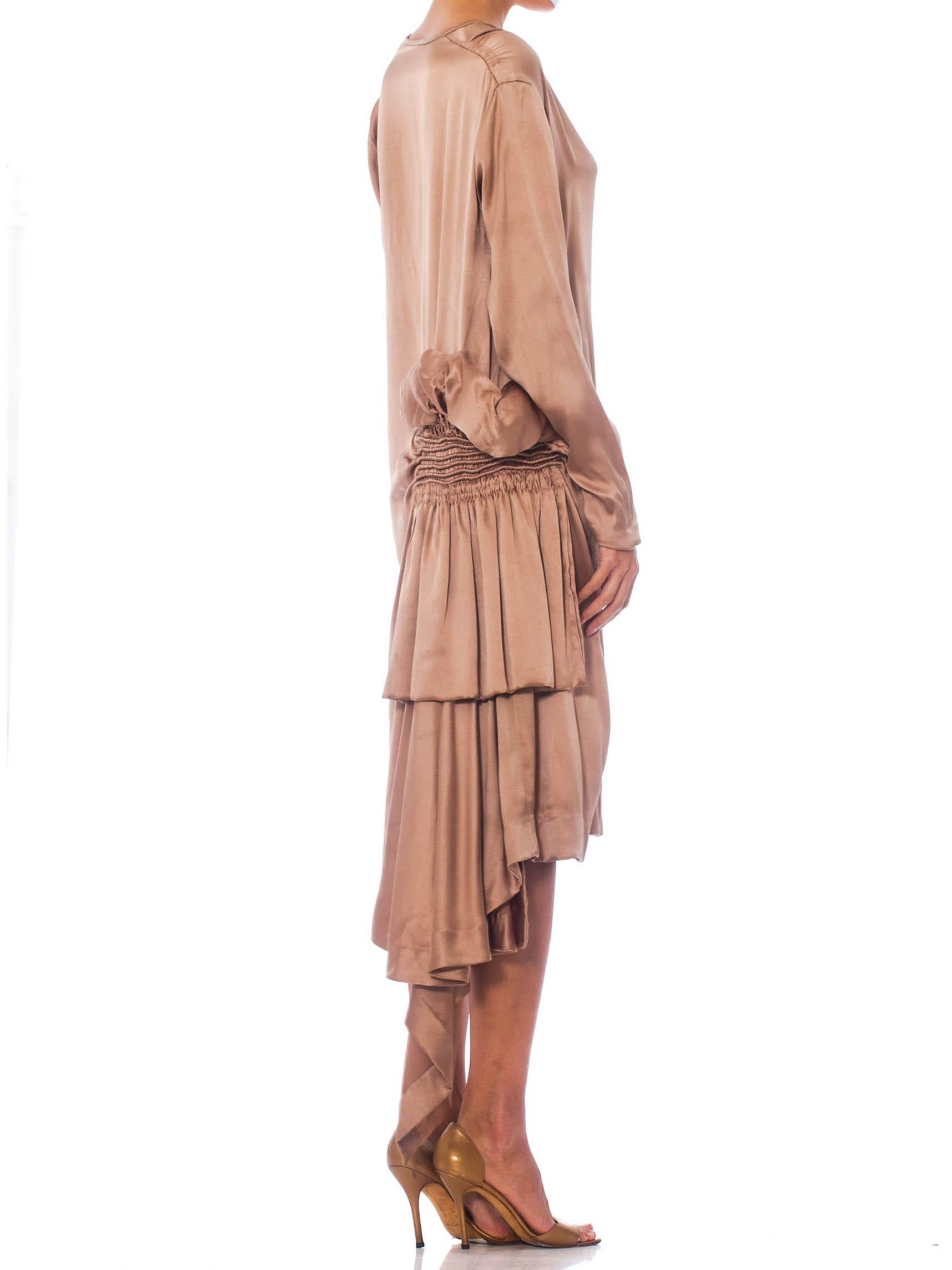 1920S Champagne Silk Crepe Back Satin  Low V Neck Dress With Sleeves For Sale 2