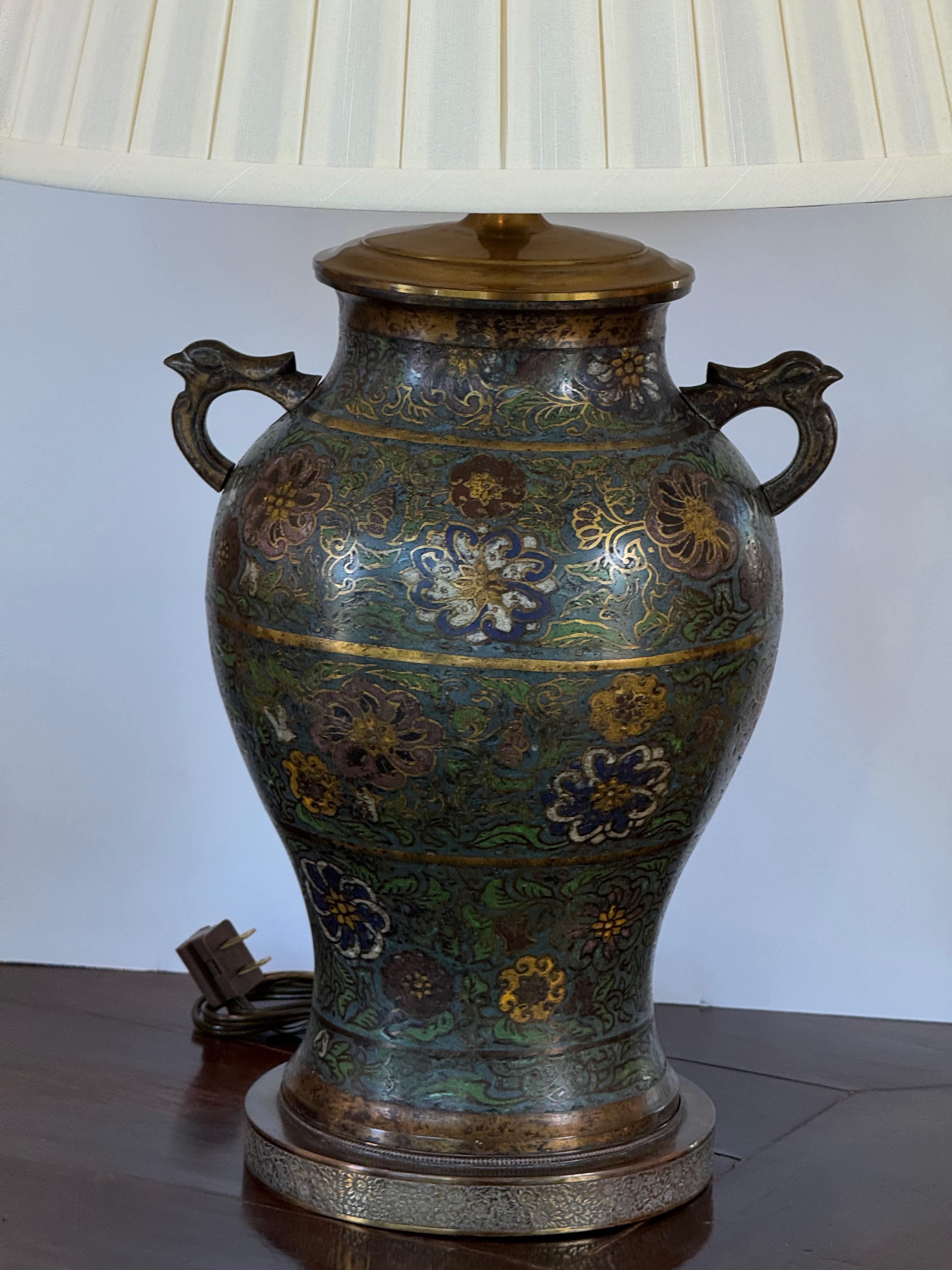 Chinese 1920s Champlevé Enamel Lamp With Floral Motifs For Sale