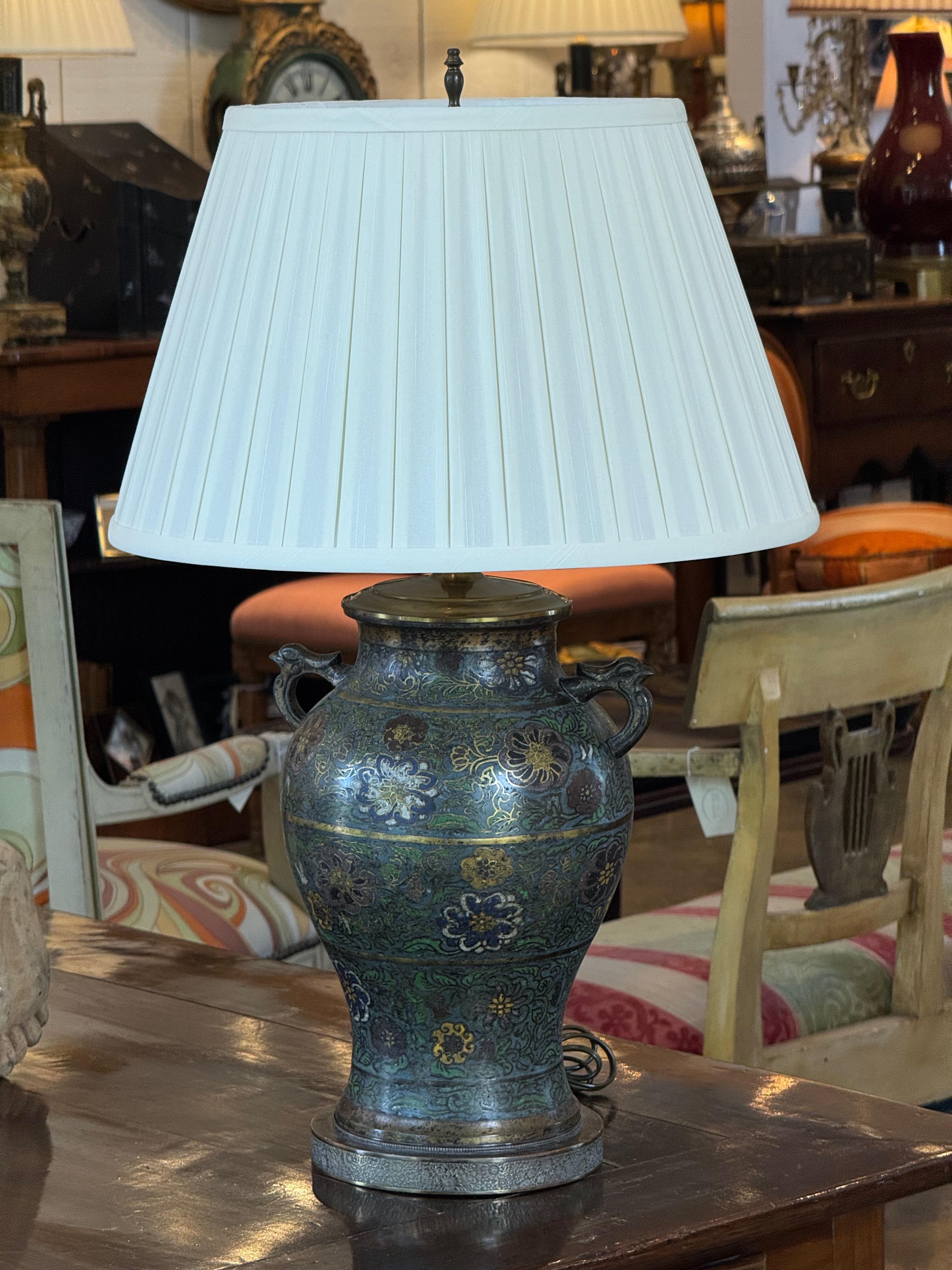 1920s Champlevé Enamel Lamp With Floral Motifs In Good Condition For Sale In Charlottesville, VA
