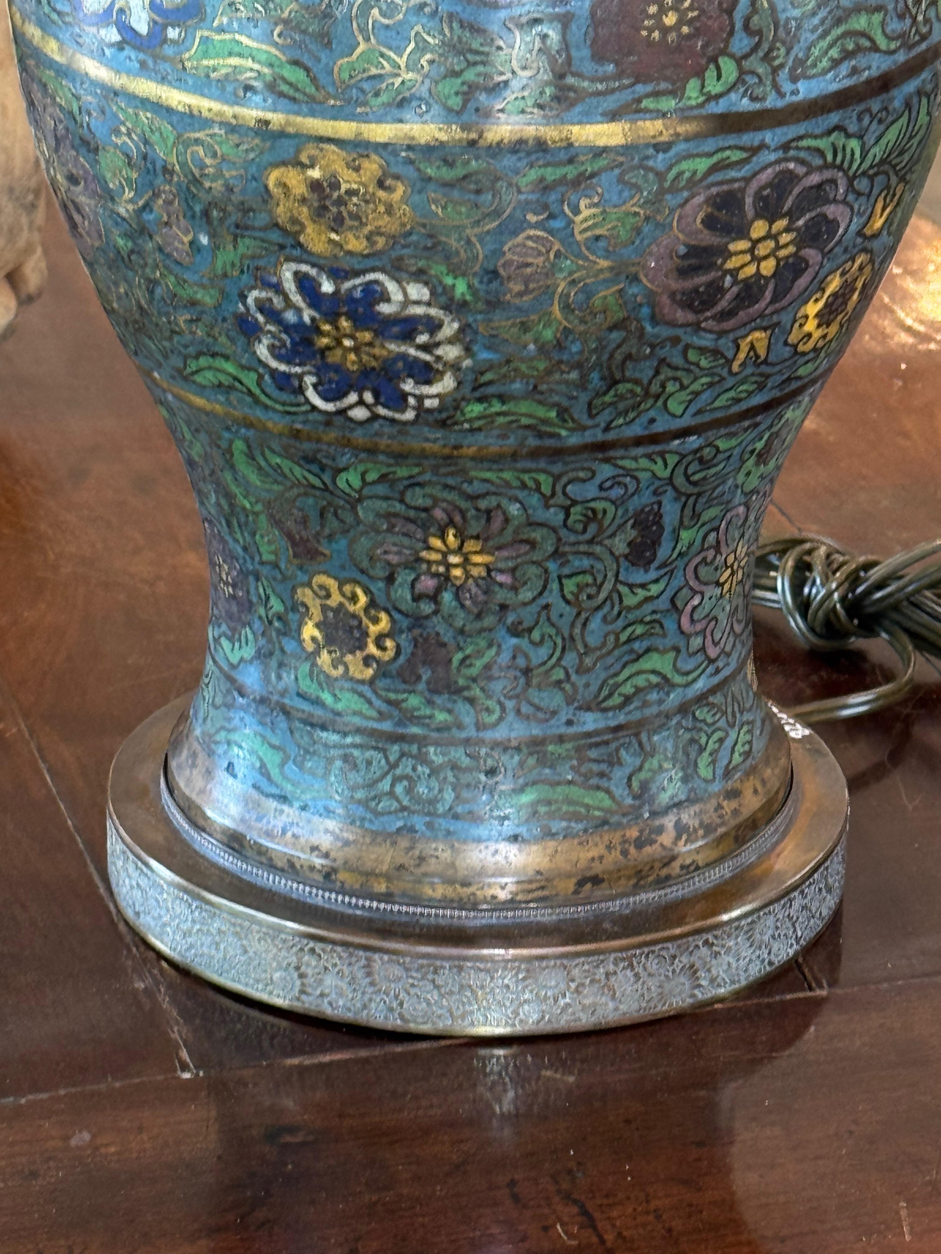 Early 20th Century 1920s Champlevé Enamel Lamp With Floral Motifs For Sale