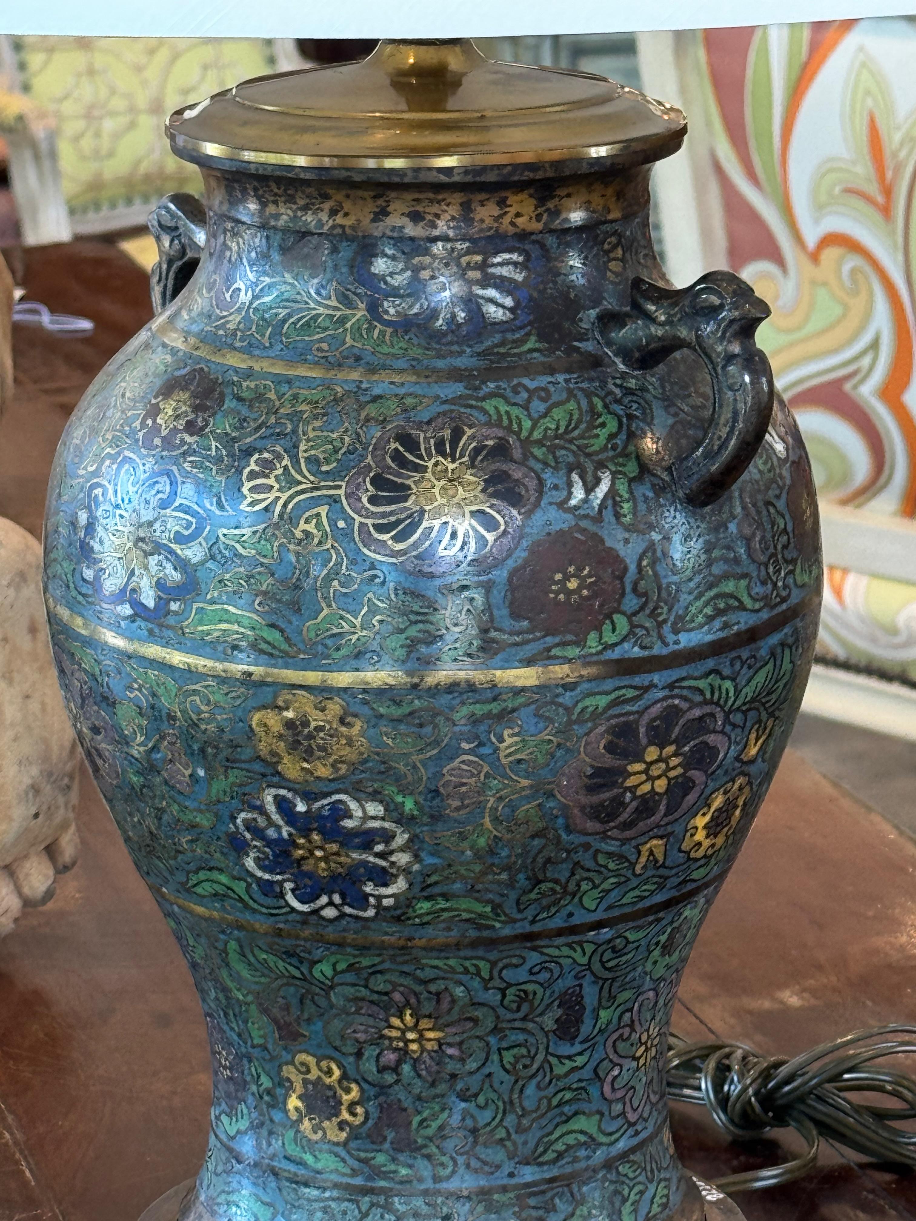 Metal 1920s Champlevé Enamel Lamp With Floral Motifs For Sale