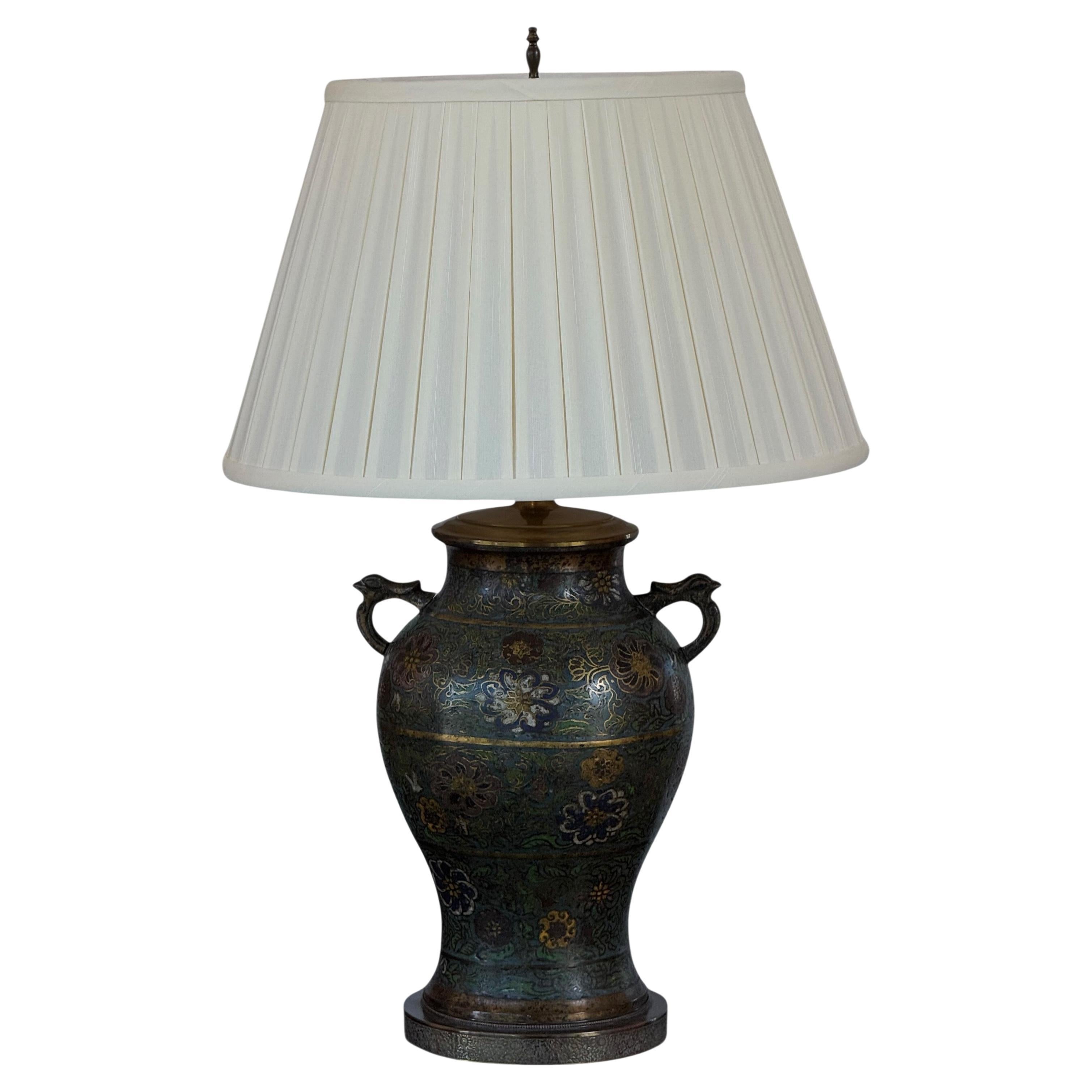 1920s Champlevé Enamel Lamp With Floral Motifs
