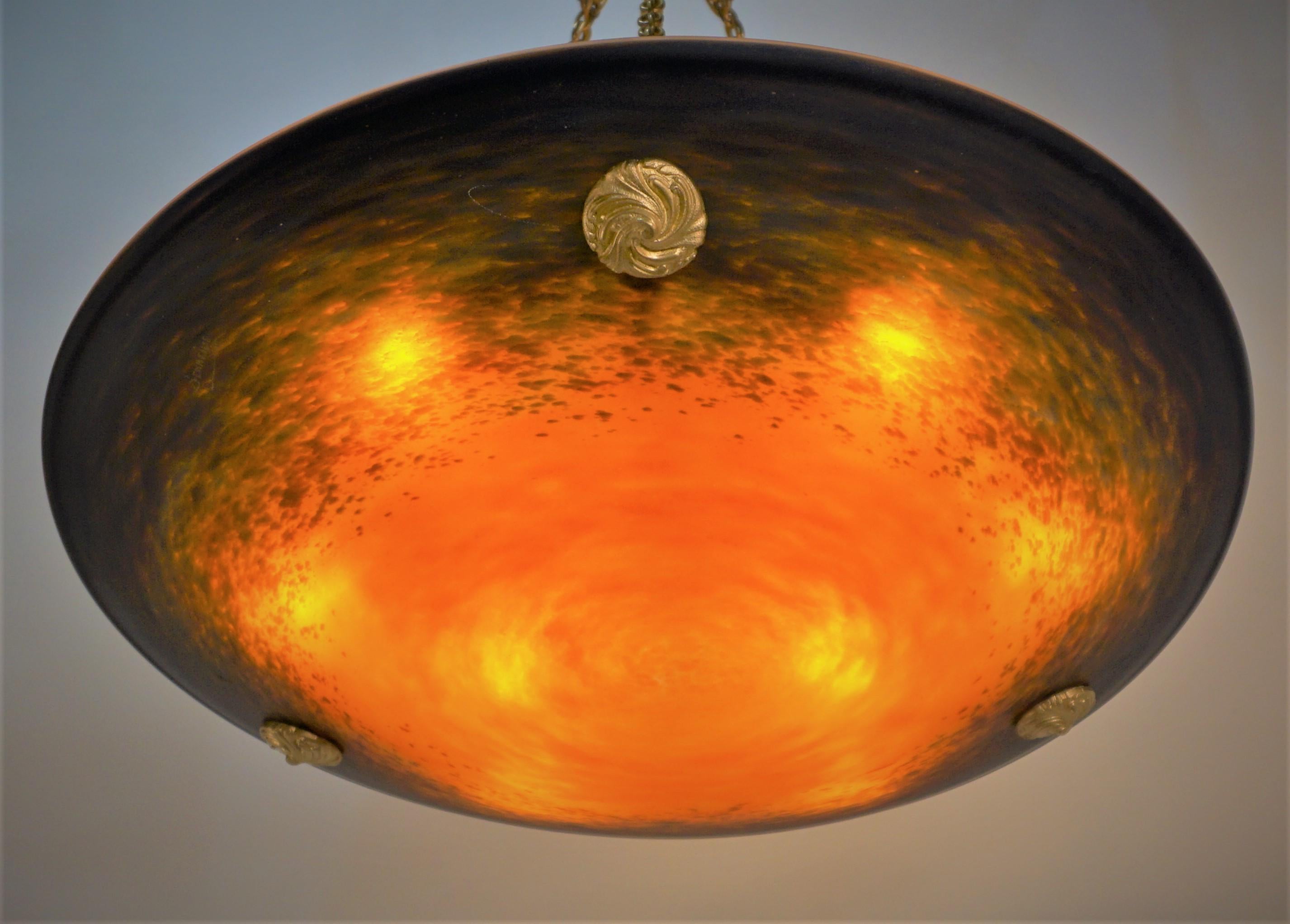 French large orange, dark blue and other colors art blown glass pendant chandelier by Charles Schneider. 24