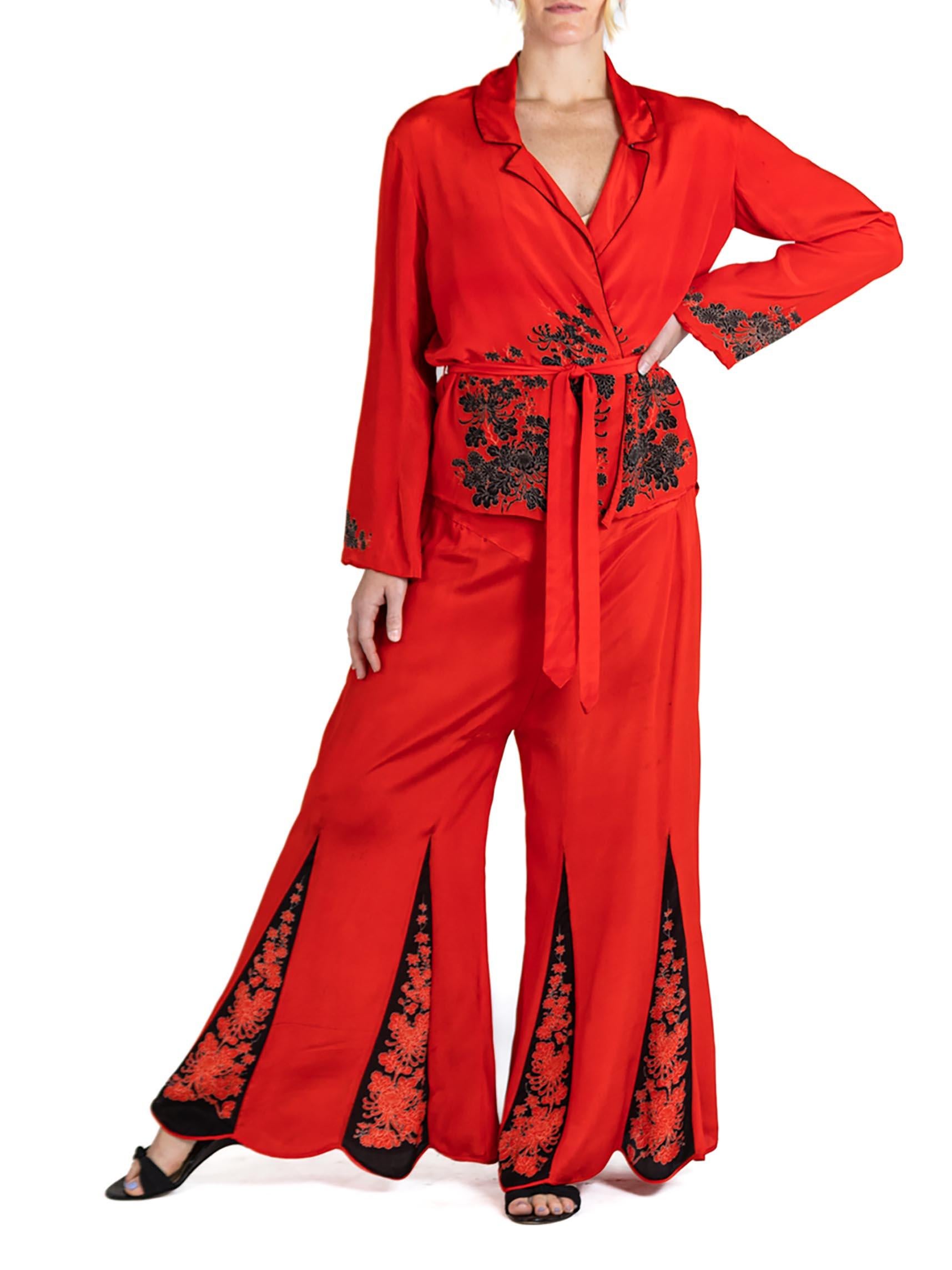 1920S Cherry Red Blossom Silk Pajamas For Sale 1