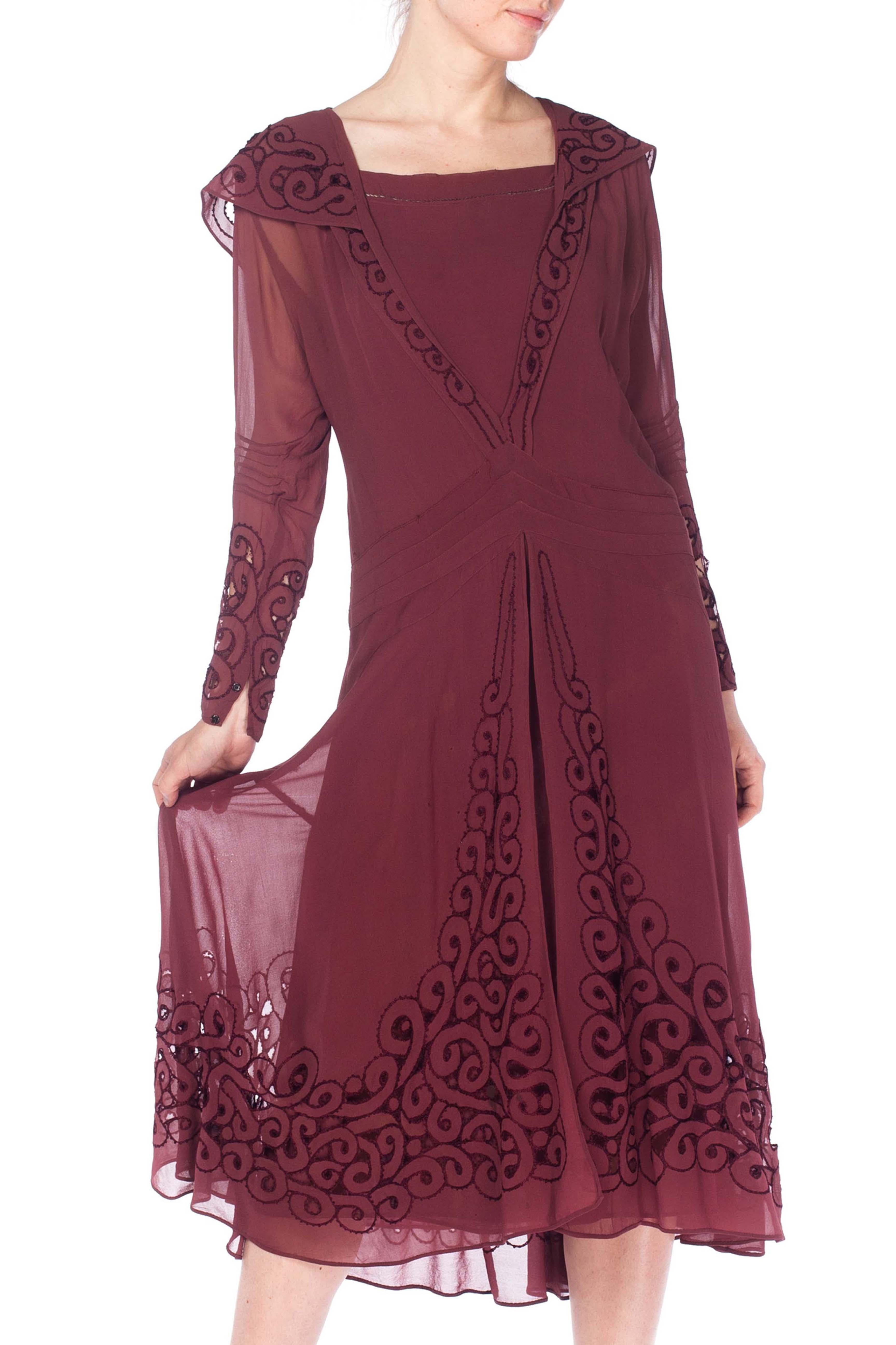 1920S Maroon Silk Chiffon Long Sleeve Day Dress With Spiral Cutouts And Embroidery