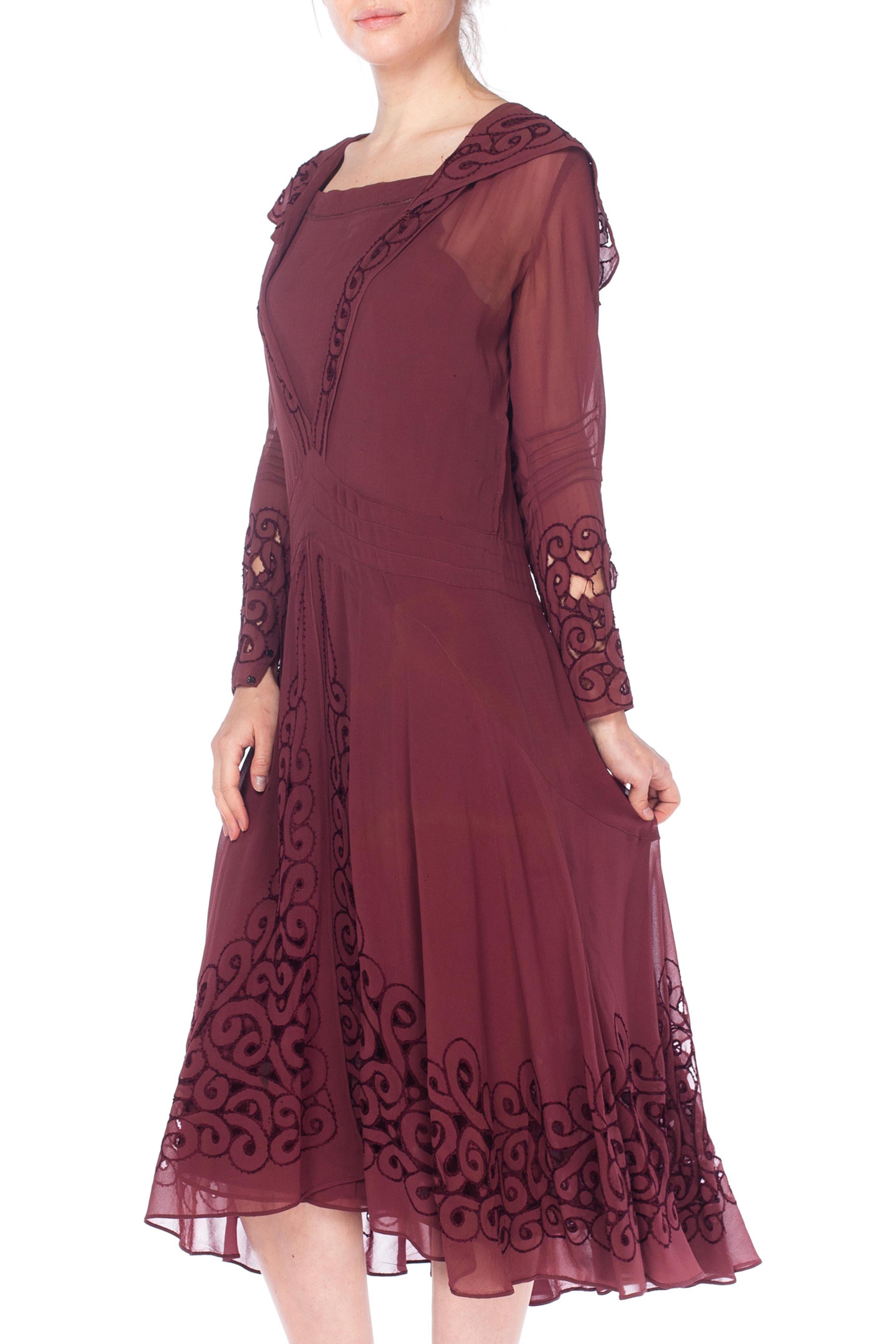 Brown 1920S Maroon Silk Chiffon Long Sleeve Day Dress With Spiral Cutouts And Embroid
