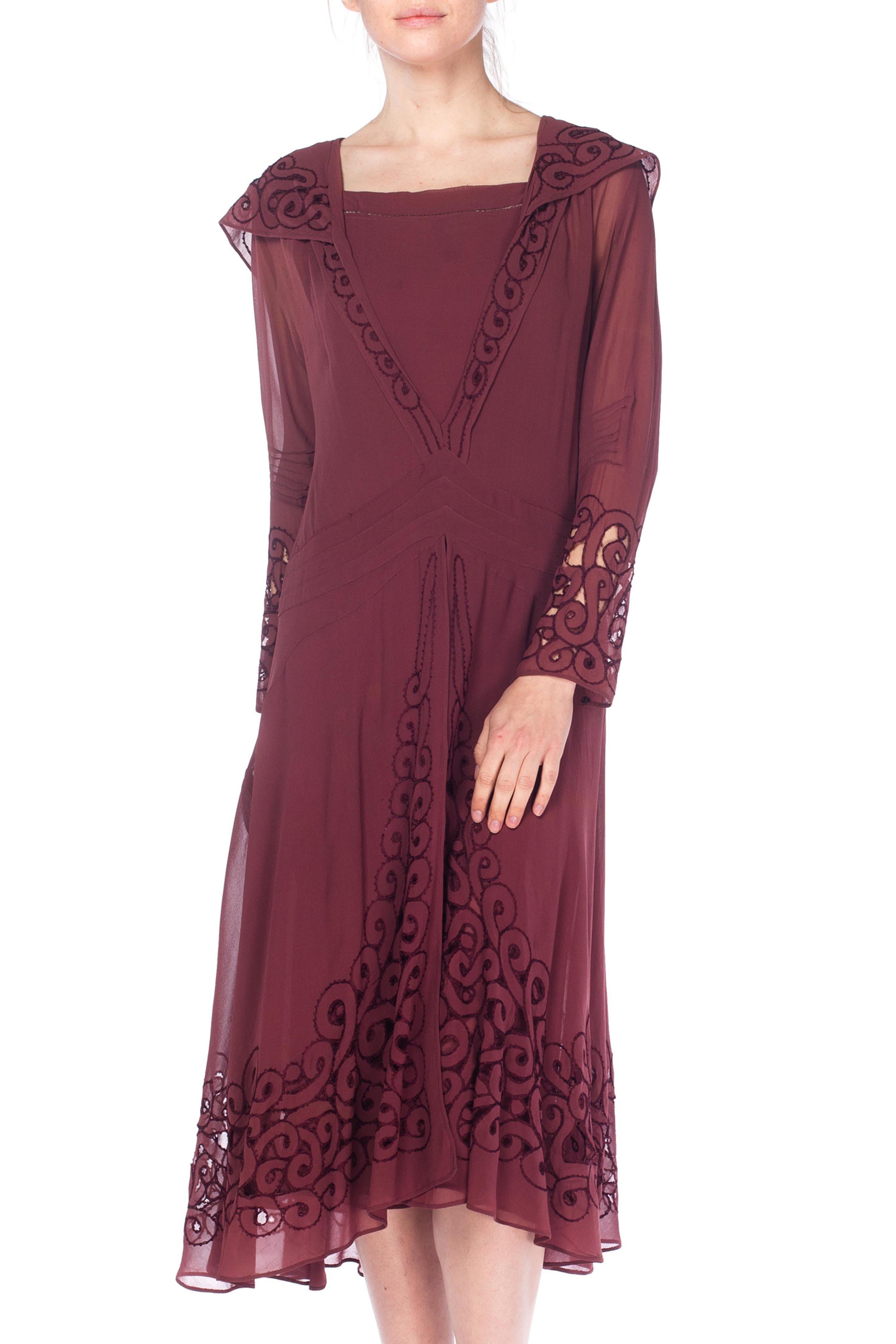 1920S Maroon Silk Chiffon Long Sleeve Day Dress With Spiral Cutouts And Embroid In Excellent Condition In New York, NY