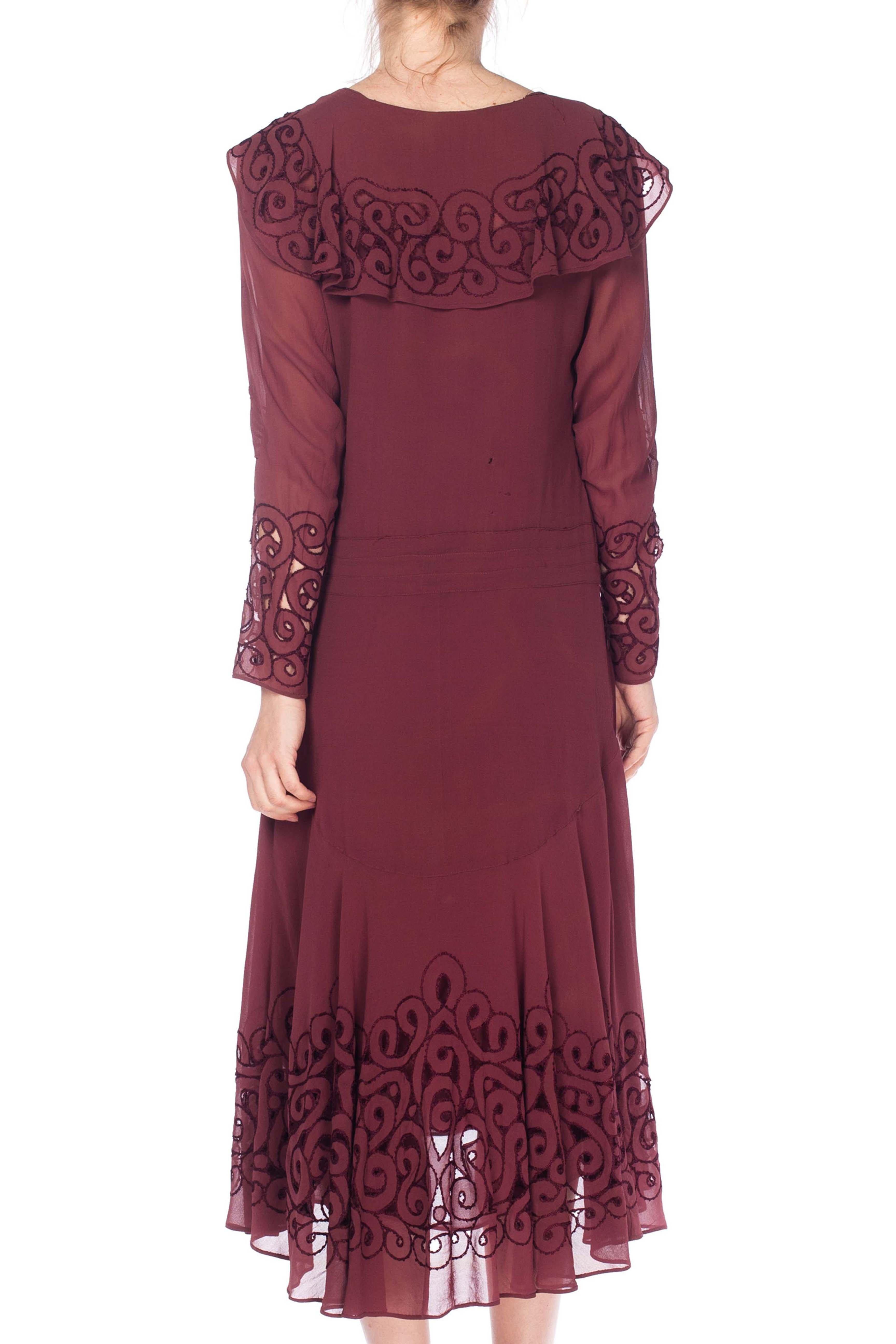 Women's 1920S Maroon Silk Chiffon Long Sleeve Day Dress With Spiral Cutouts And Embroid