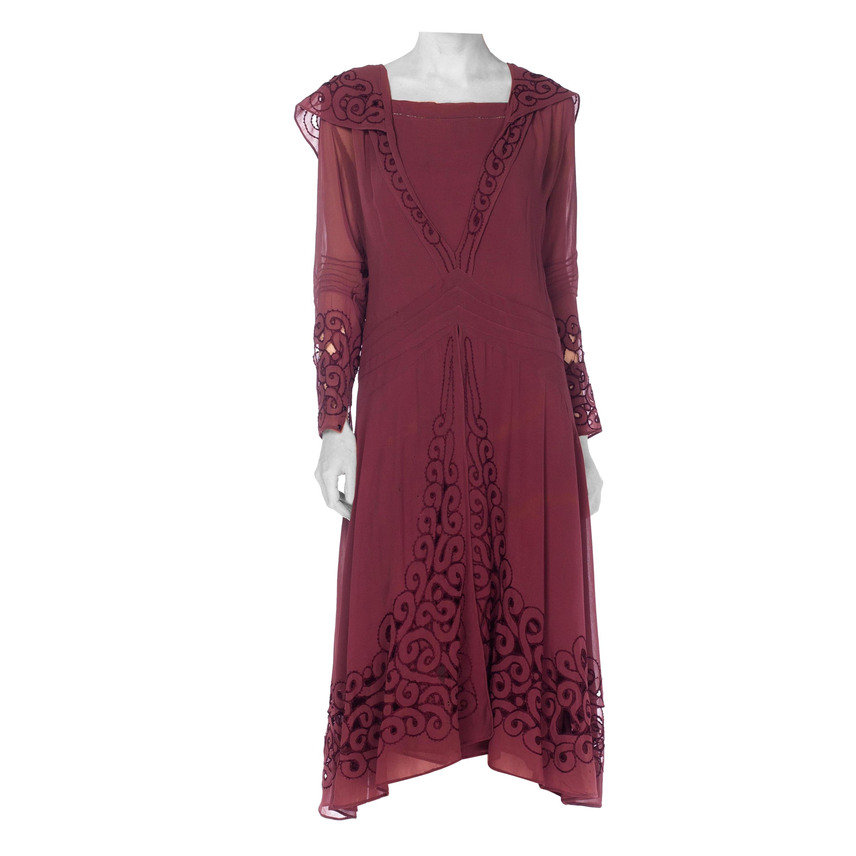 1920S Maroon Silk Chiffon Long Sleeve Day Dress With Spiral Cutouts And Embroid