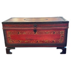 1920s China Trade Leather Trunk on Stand