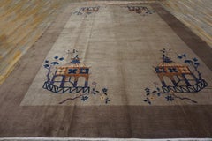 1920s Tan Ecru Scene Architectural Chinese Art Deco Carpet 10'6"x15'6" Wool Rug
