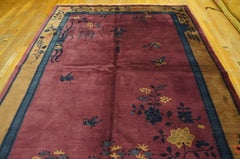 1920s Purple Floral Antique Chinese Art Deco Carpet 6'2"x8'9" Knotted Wool Rug