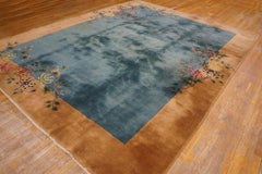 Calming Light Blue Background Tan Border Floral Antique Chinese Art Deco Rug