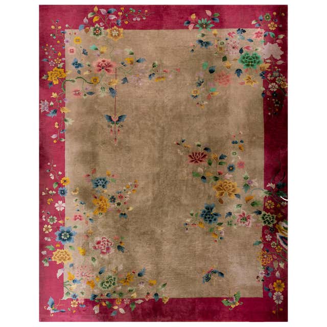 Deco Design Rug 1920s Taupe Background Iconic Floral Design Antique Chinese Art Deco ...