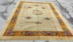 1920s Beige Medallion Antique Chinese Art Deco Rug 9'x 11'8" Knotted Wool Carpet