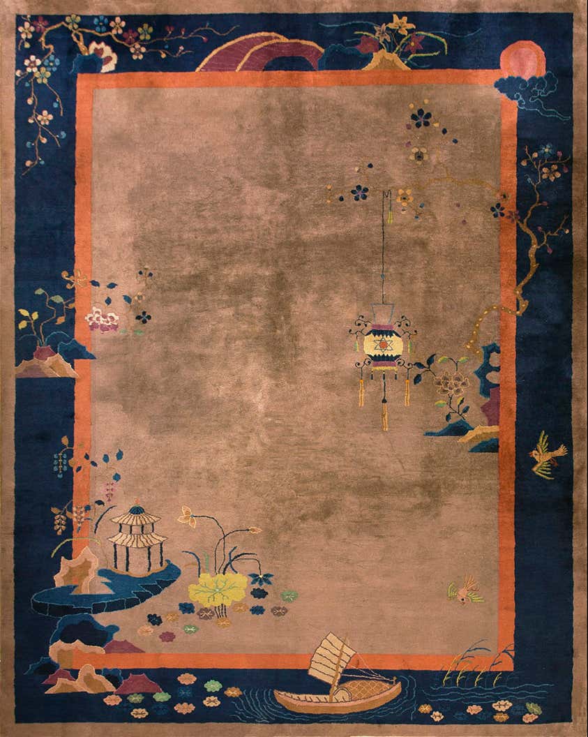 Deco Design Rug 1920s Antique Apricot Floral Open Field Medallion Chinese Art Deco ...