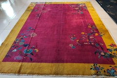 1920s Purple Floral Antique Chinese Art Deco Carpet 9'2"x11'8" Wool Rug Knotted