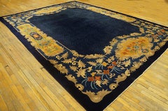 Gorgeous Navy Blue Background Floral Border Pattern Antique Chinese Art Deco Rug