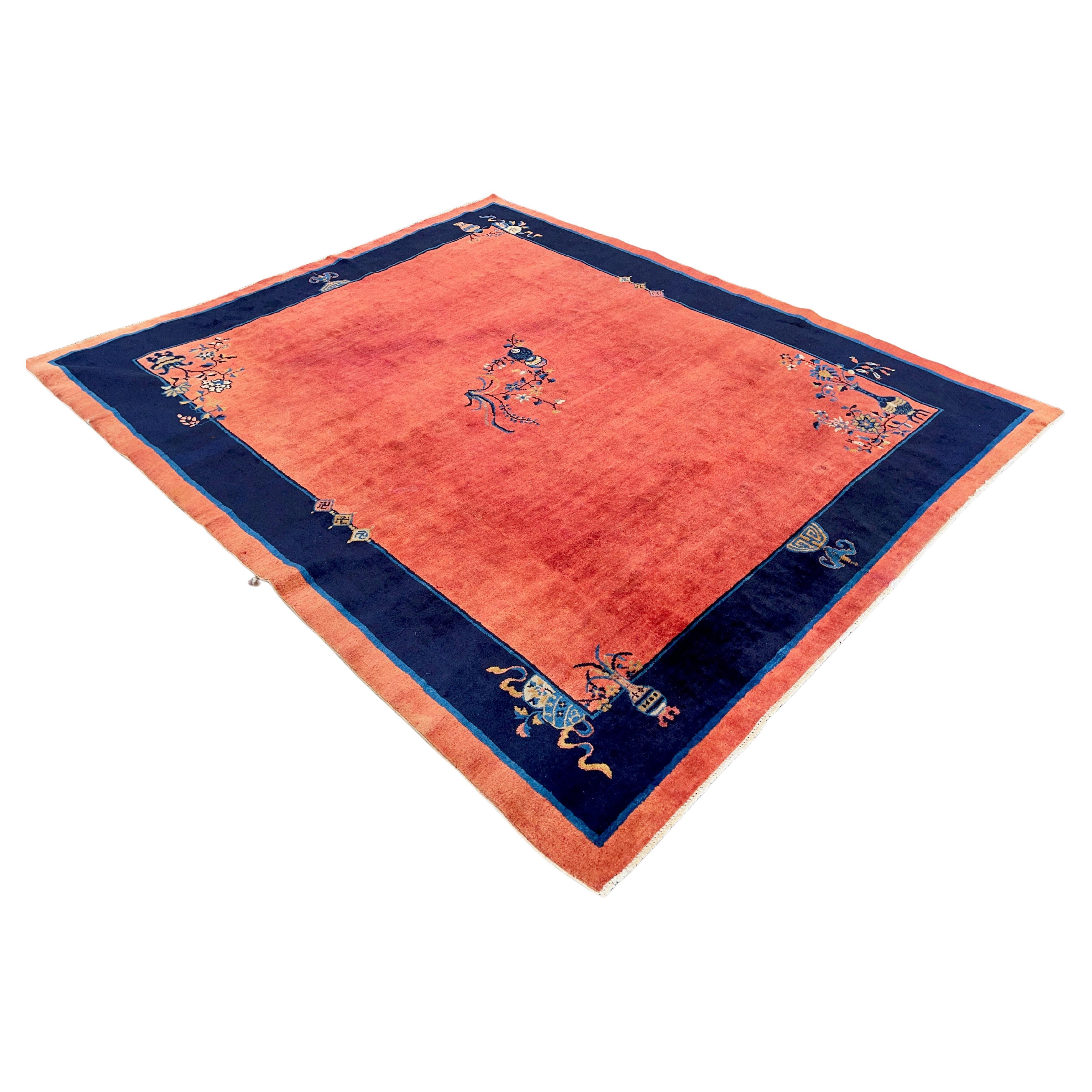 1920's Chinese Art Deco Rug - 8' x 9'9" Red & Blue For Sale