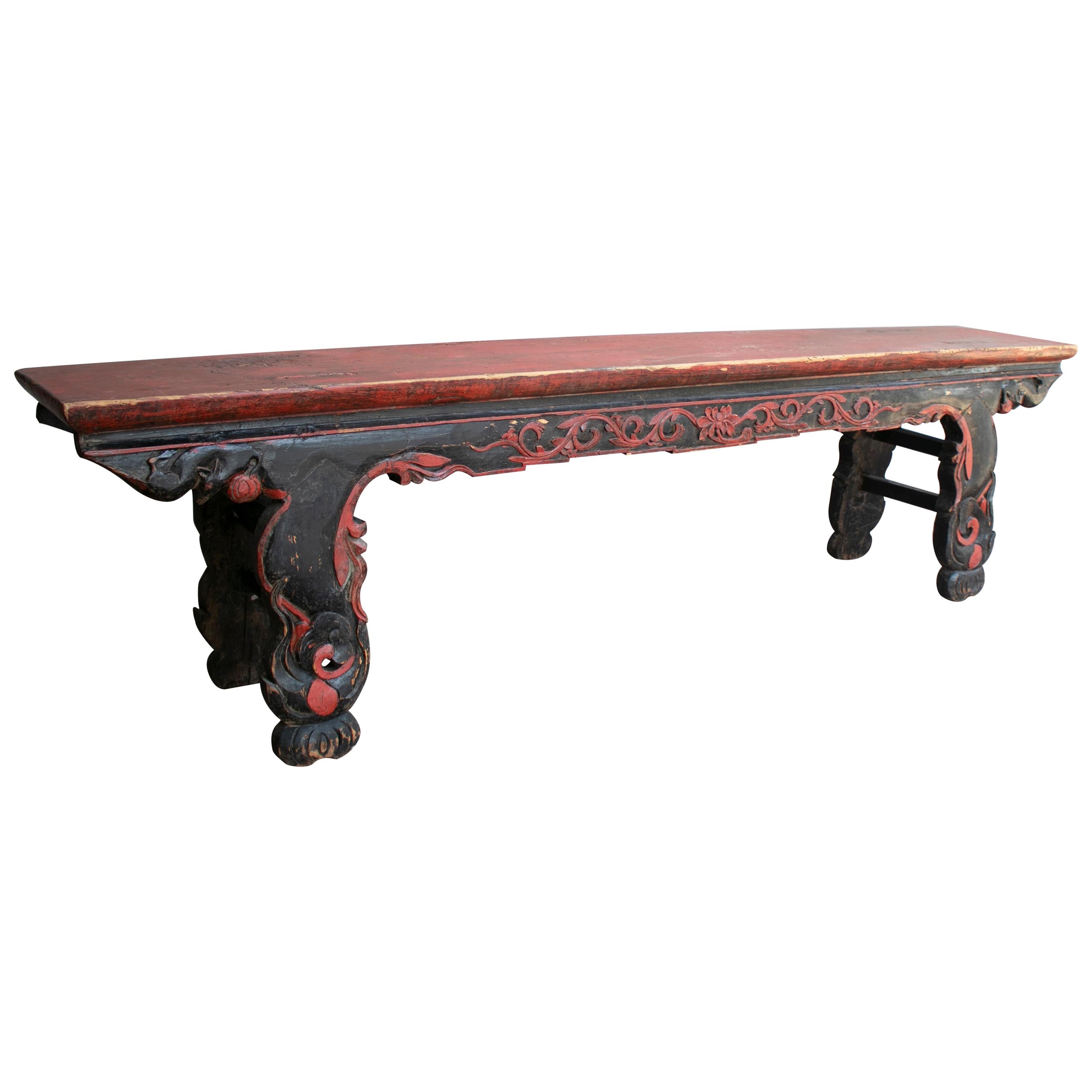 1920s Chinese Black and Red Painted Hand Carved Wooden Bench
