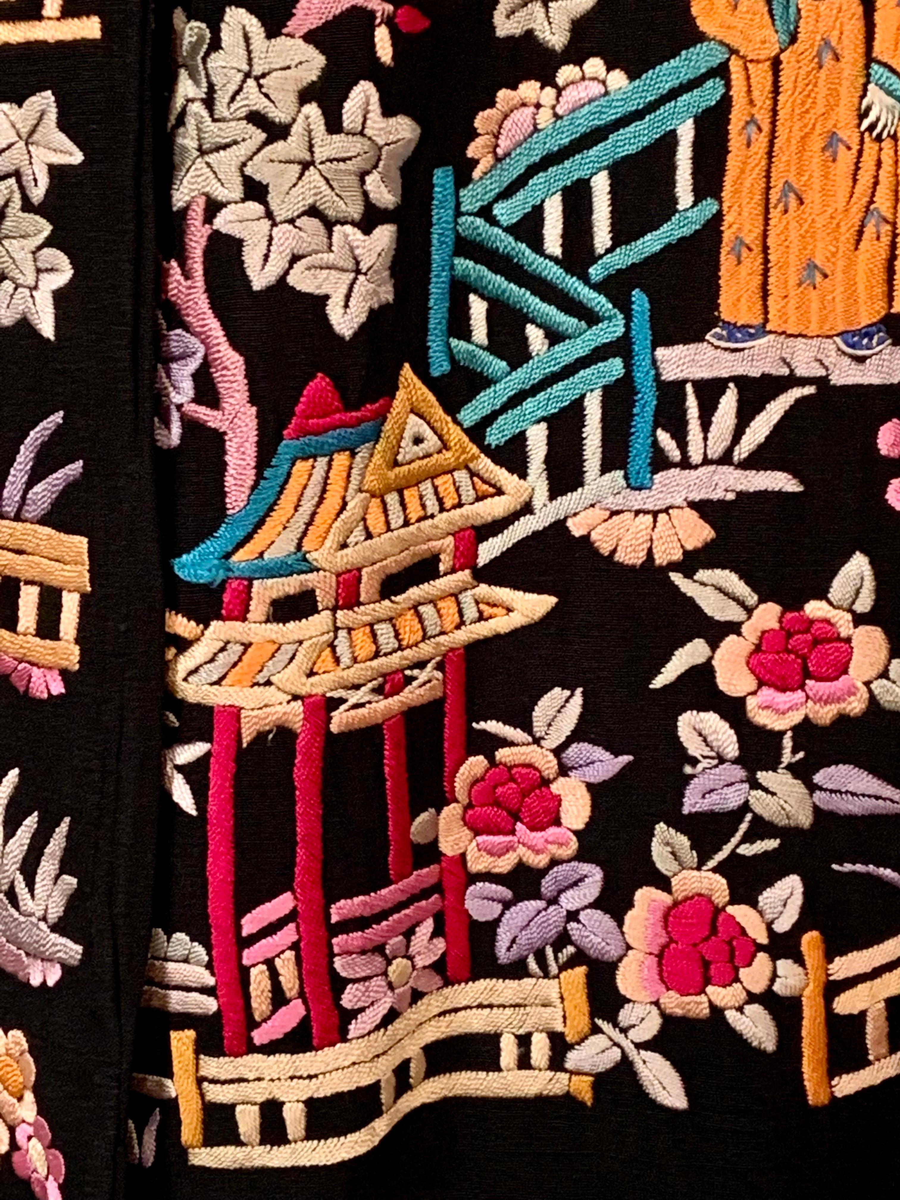 1920’s Chinese Hand Embroidered Multi Color Silk on a Black Silk Jacket 7