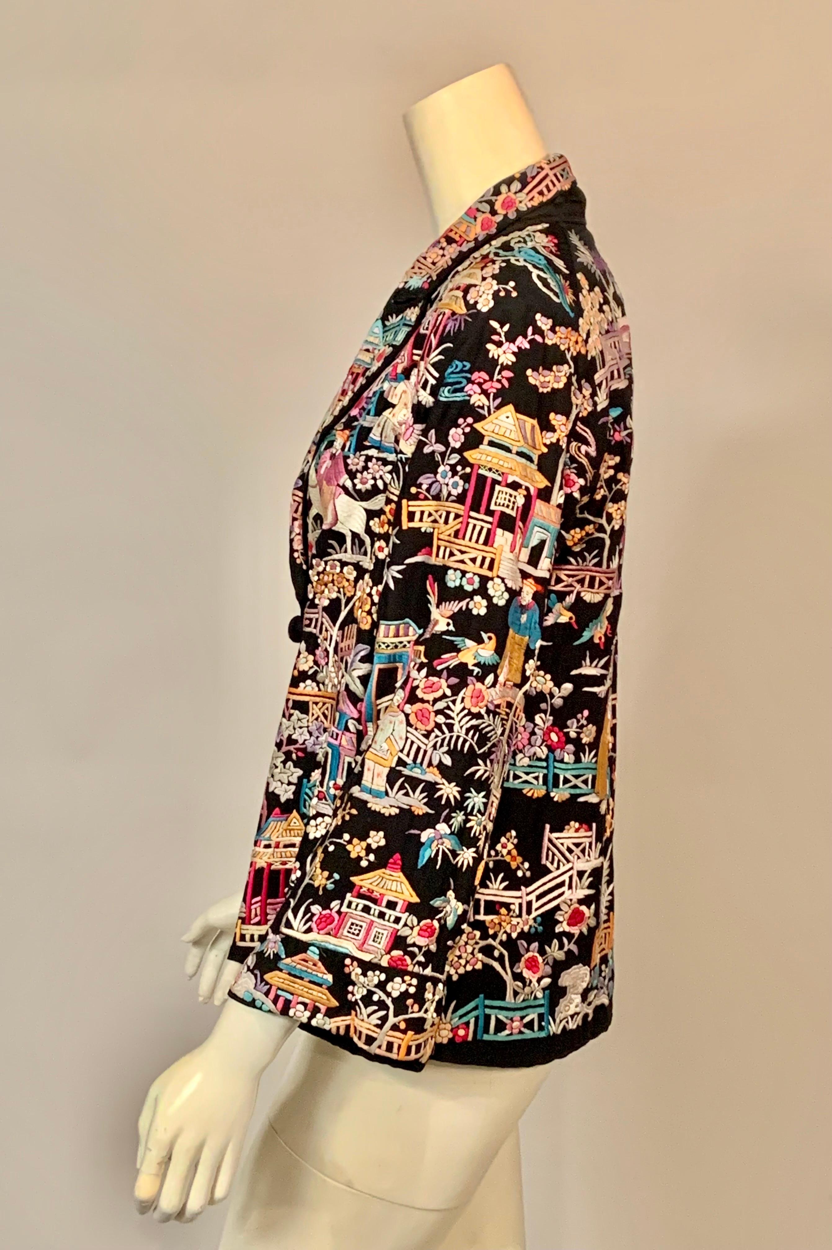 1920’s Chinese Hand Embroidered Multi Color Silk on a Black Silk Jacket 8