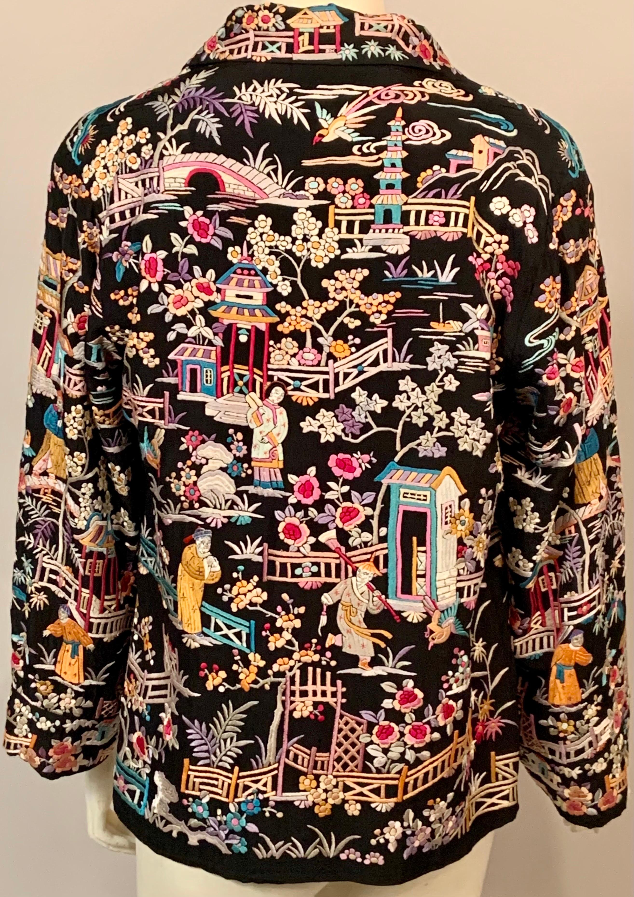 1920’s Chinese Hand Embroidered Multi Color Silk on a Black Silk Jacket 9