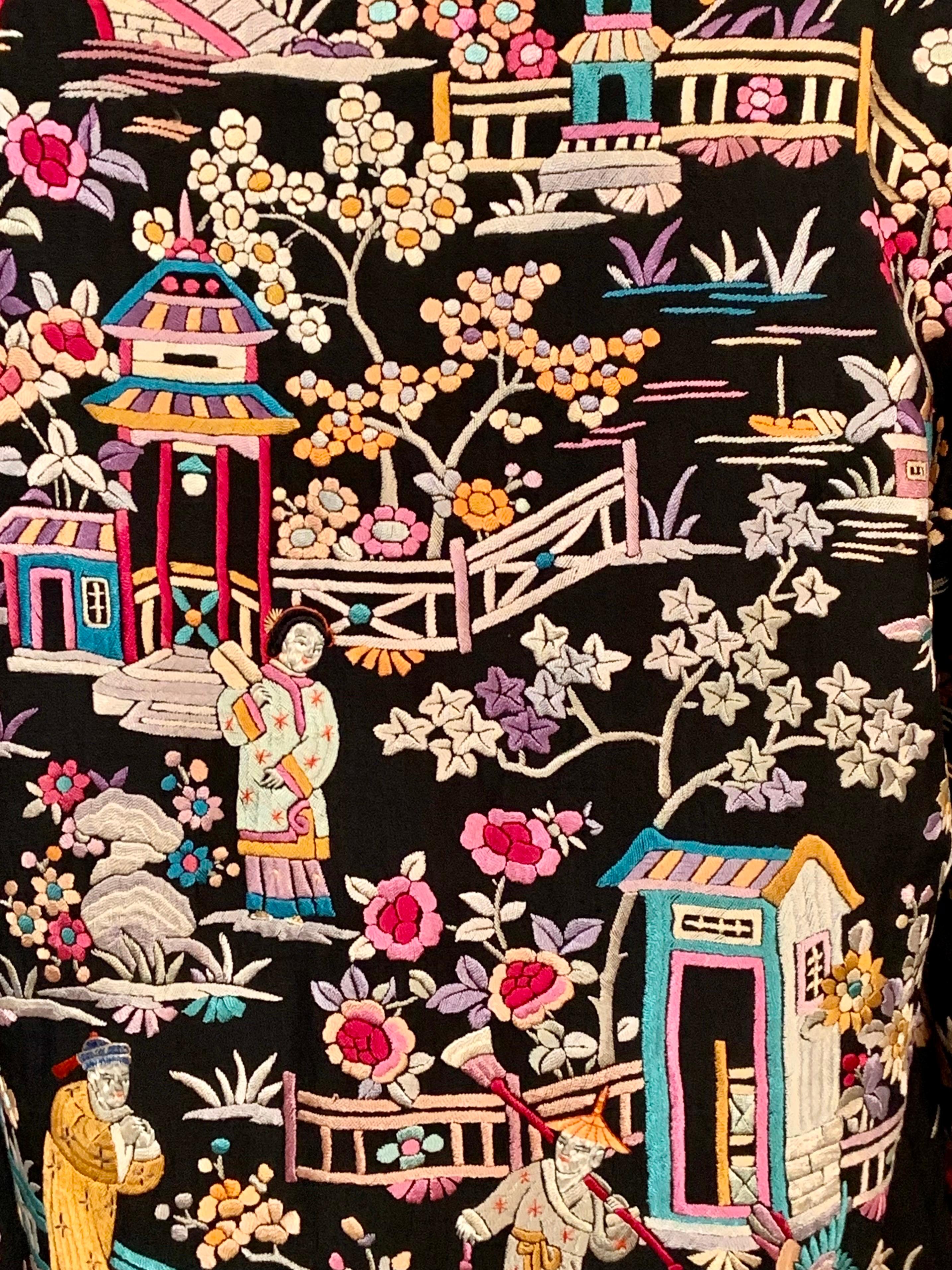 1920’s Chinese Hand Embroidered Multi Color Silk on a Black Silk Jacket 11