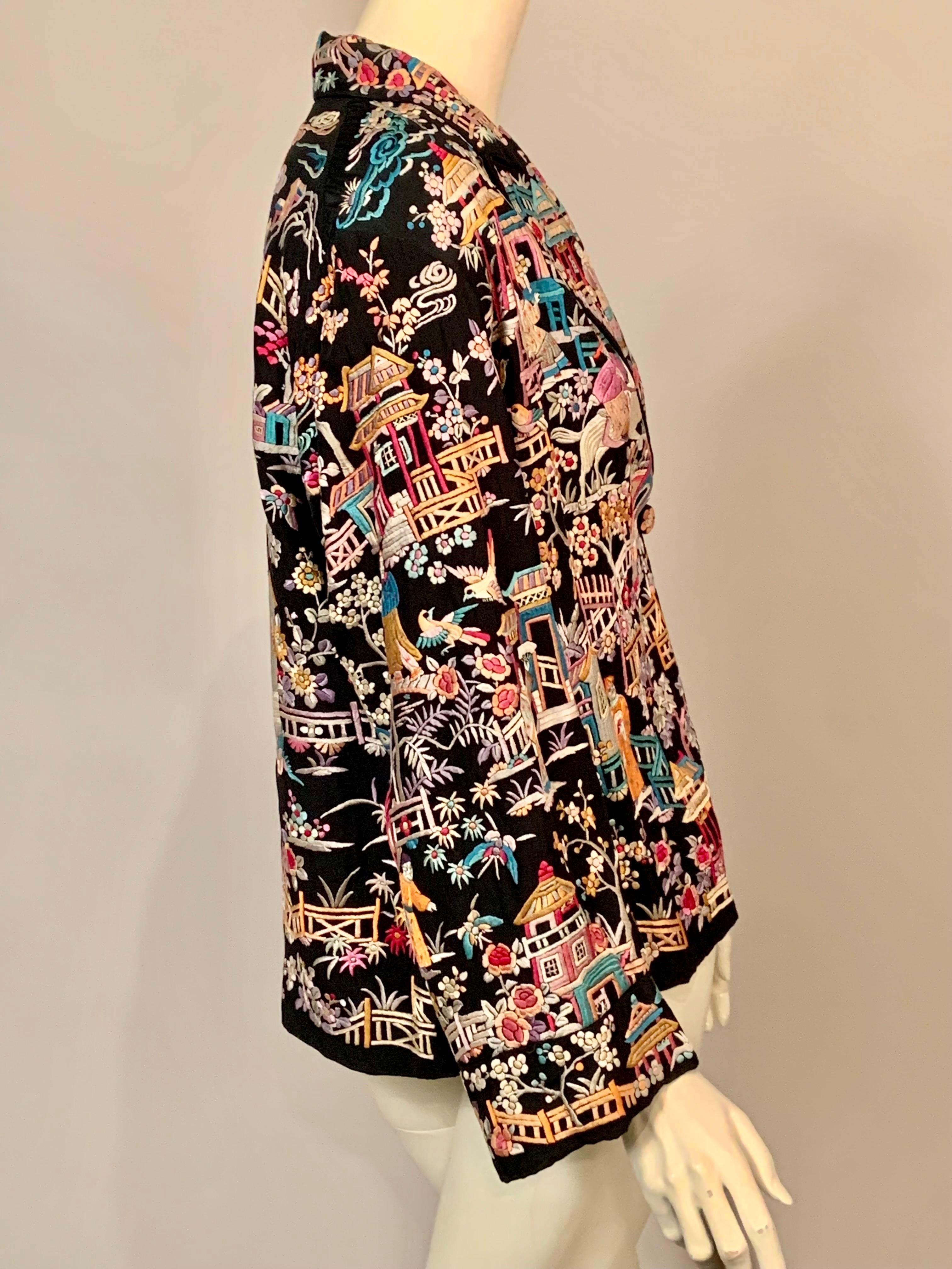 1920’s Chinese Hand Embroidered Multi Color Silk on a Black Silk Jacket 13