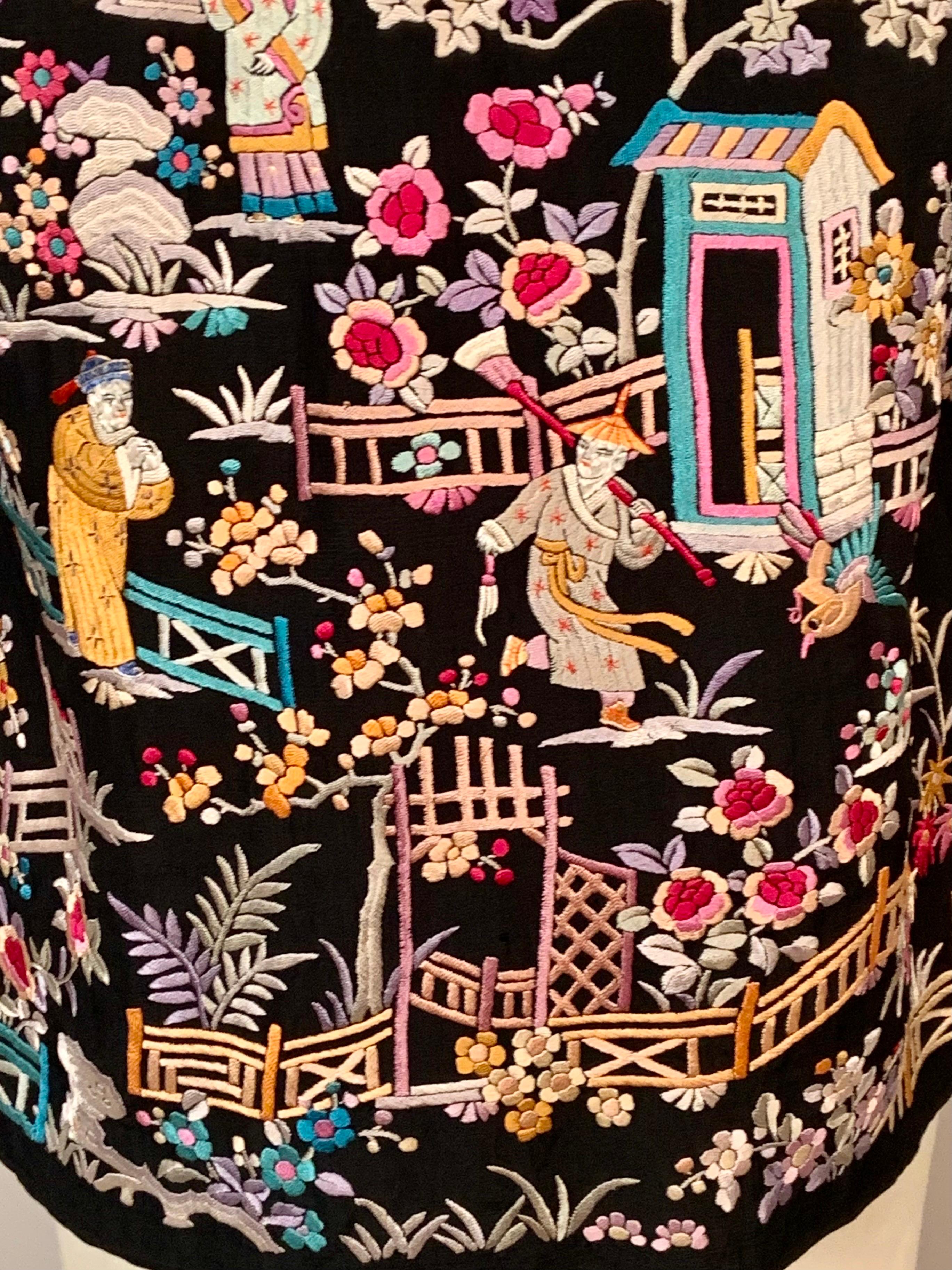 1920’s Chinese Hand Embroidered Multi Color Silk on a Black Silk Jacket 14