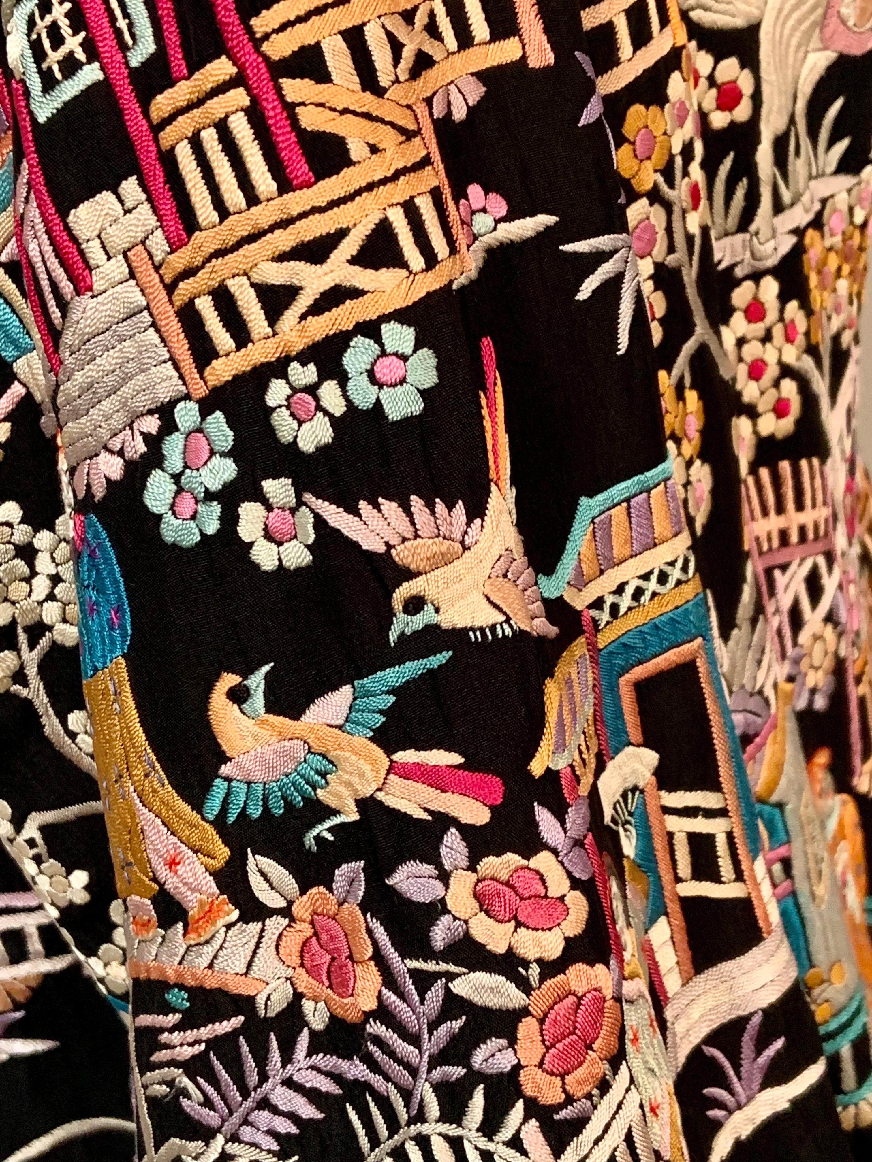 1920’s Chinese Hand Embroidered Multi Color Silk on a Black Silk Jacket 15