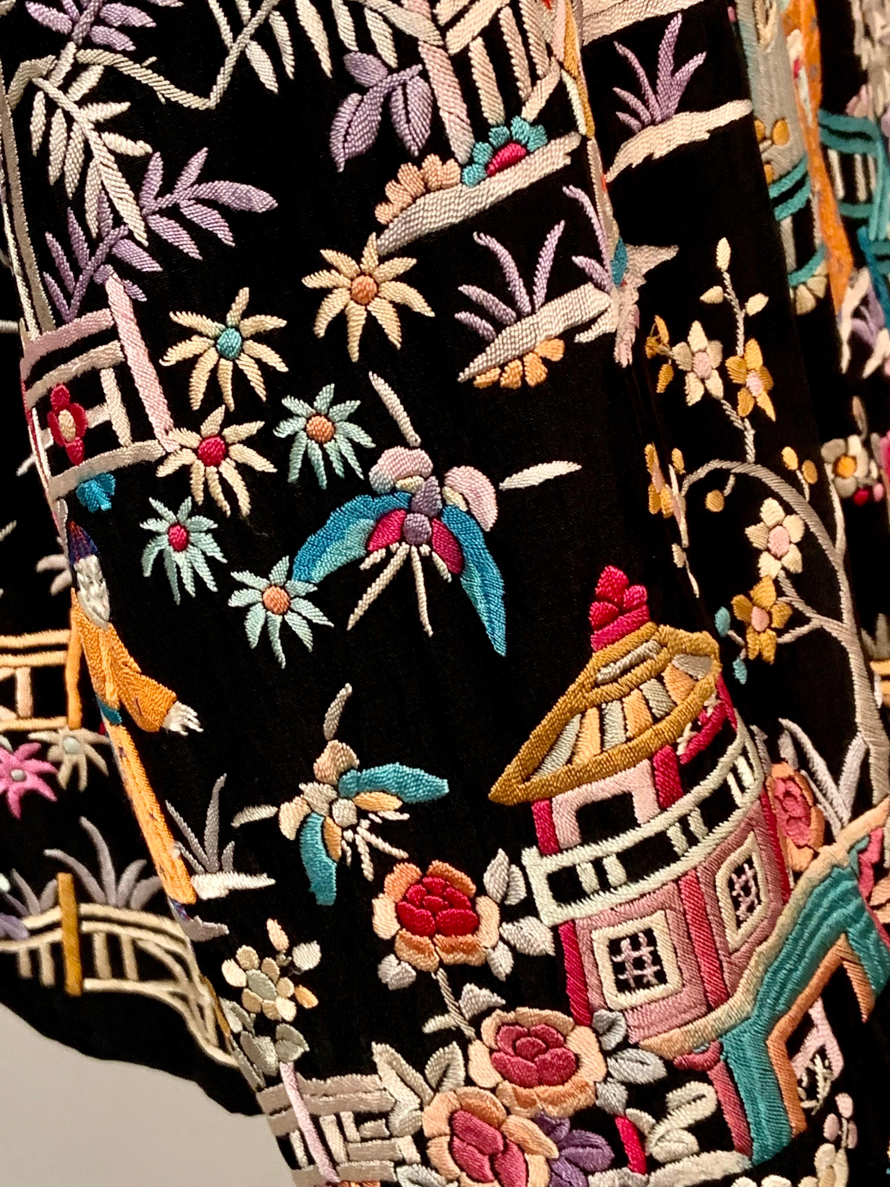1920’s Chinese Hand Embroidered Multi Color Silk on a Black Silk Jacket 16