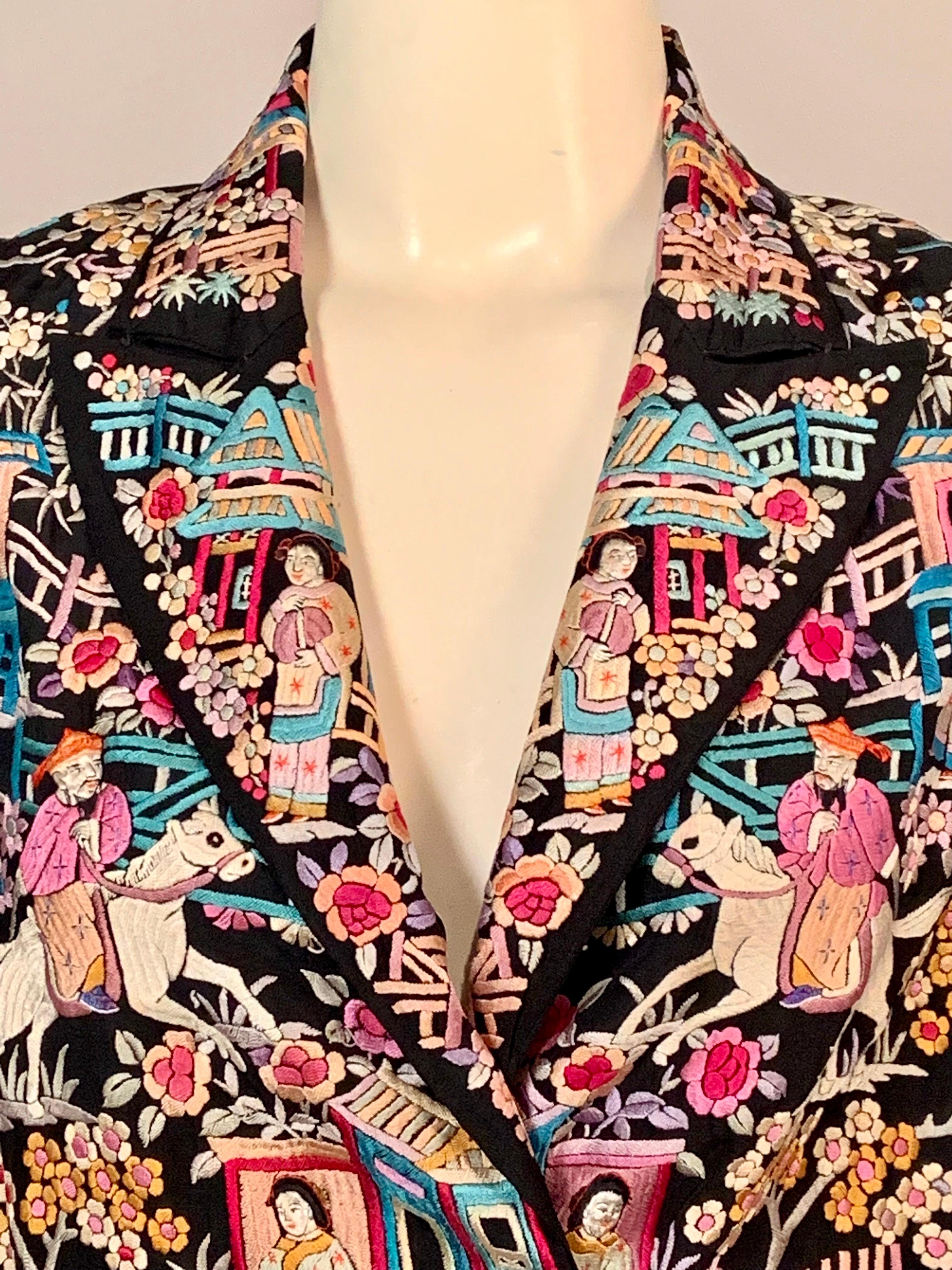 1920’s Chinese Hand Embroidered Multi Color Silk on a Black Silk Jacket In Excellent Condition In New Hope, PA