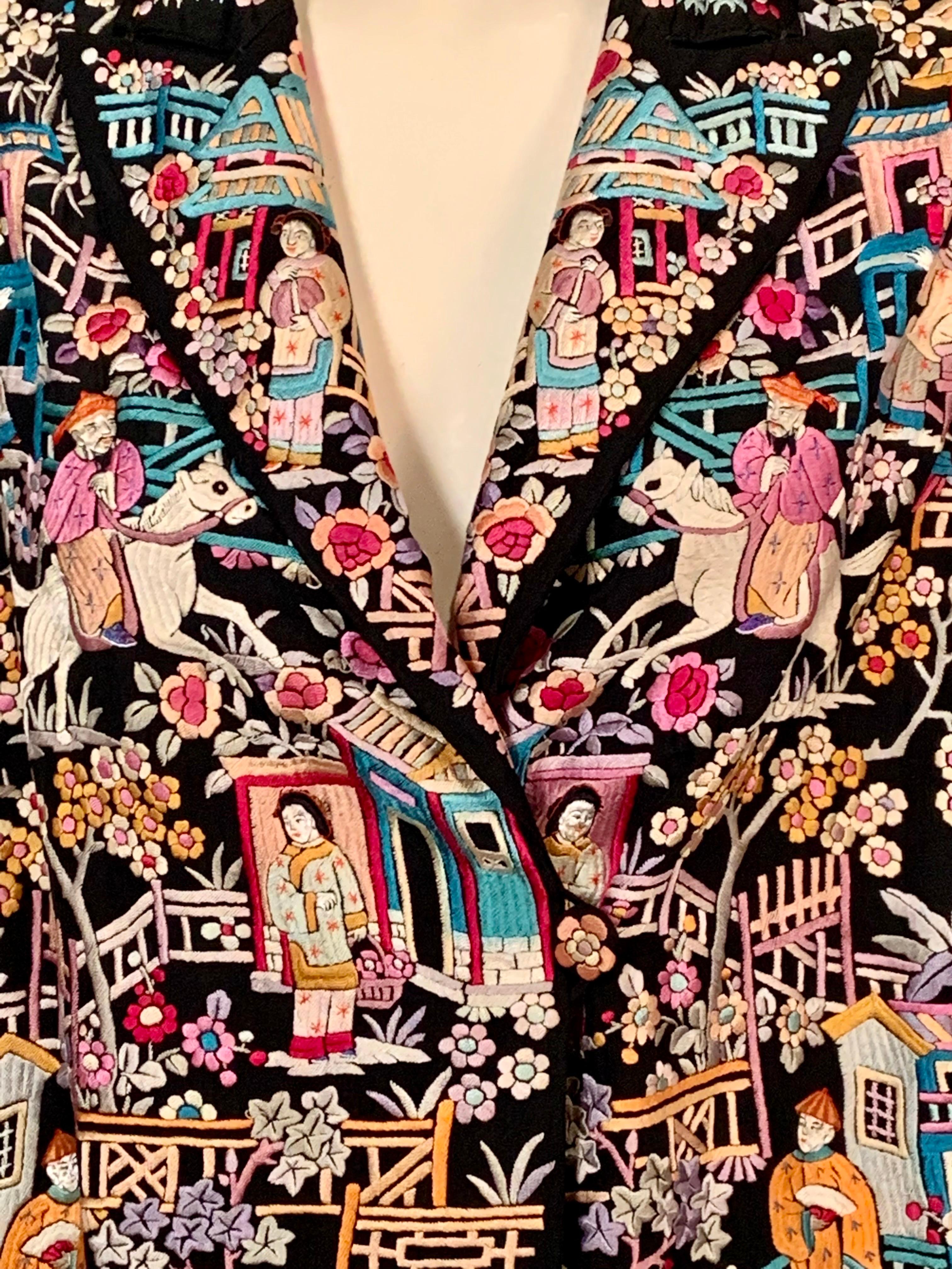 Women's or Men's 1920’s Chinese Hand Embroidered Multi Color Silk on a Black Silk Jacket
