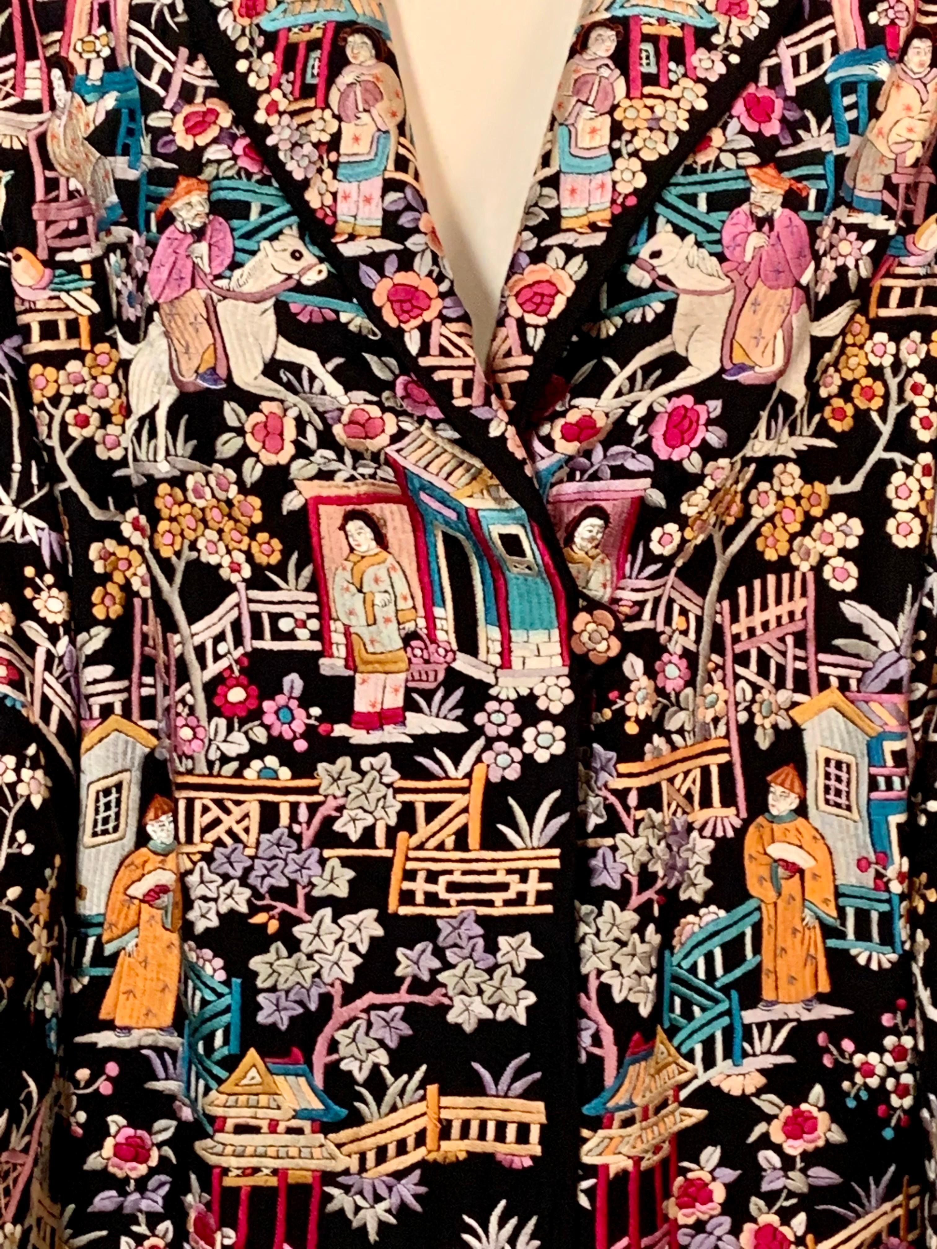 1920’s Chinese Hand Embroidered Multi Color Silk on a Black Silk Jacket 1