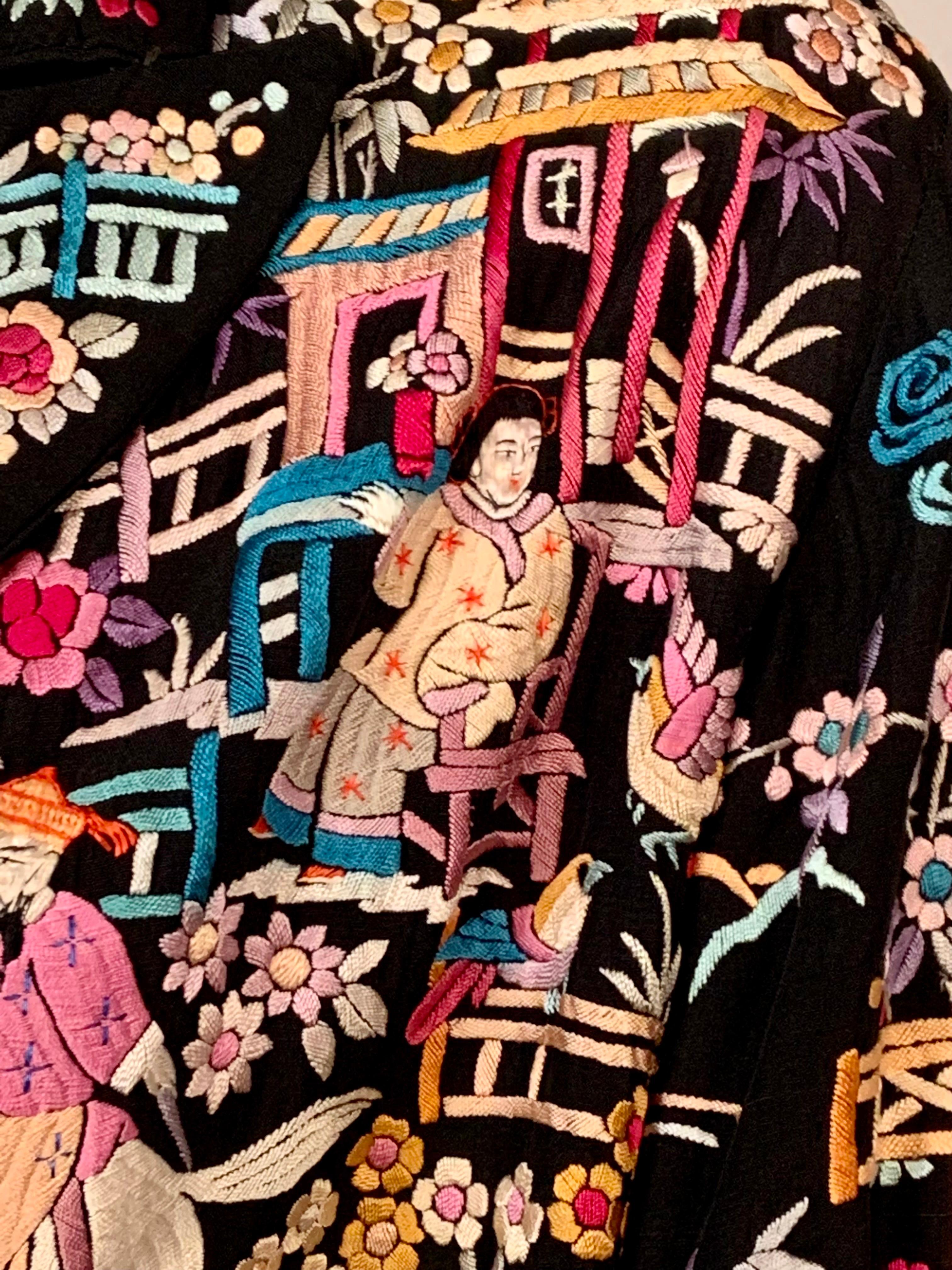 1920’s Chinese Hand Embroidered Multi Color Silk on a Black Silk Jacket 4