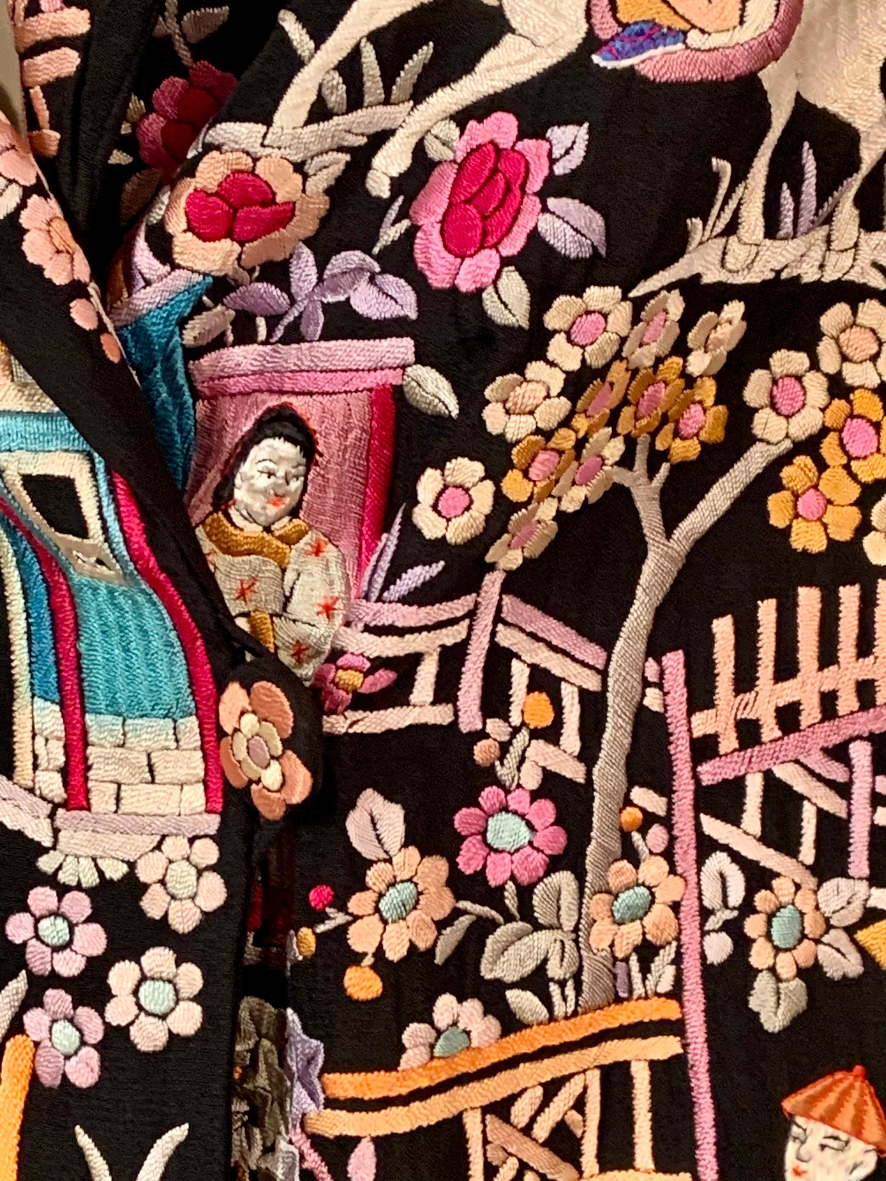 1920’s Chinese Hand Embroidered Multi Color Silk on a Black Silk Jacket 5