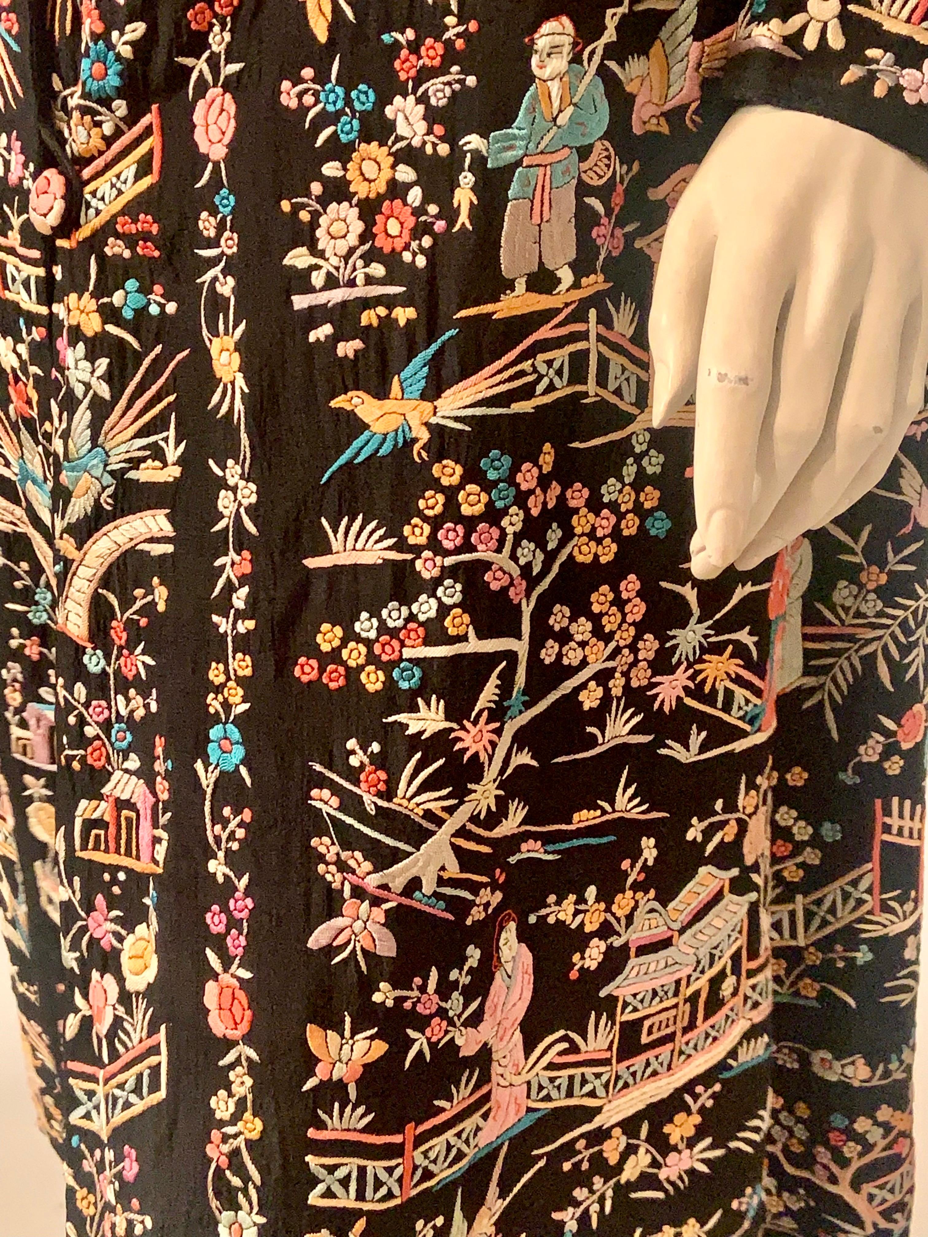 Black 1920's Chinese Hand Embroidered Silk Coat For Sale