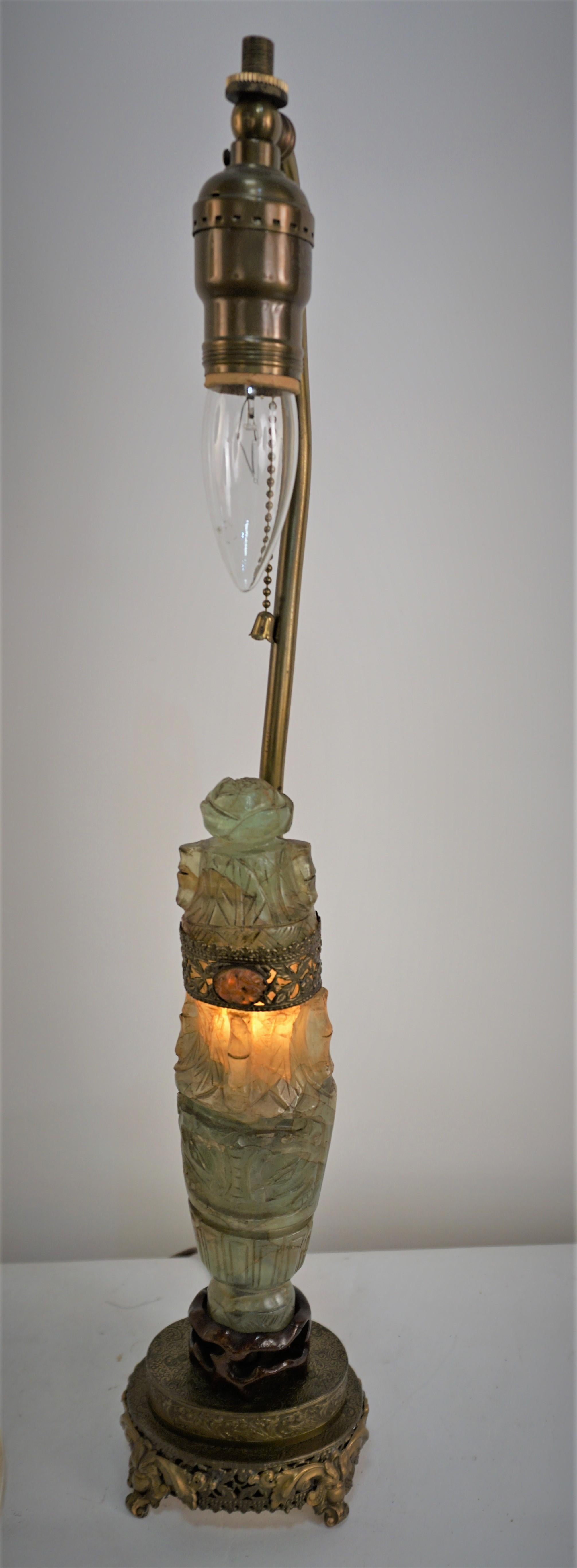 Early 20th Century 1920's Chinese Jade Quartz Table Lamp. For Sale