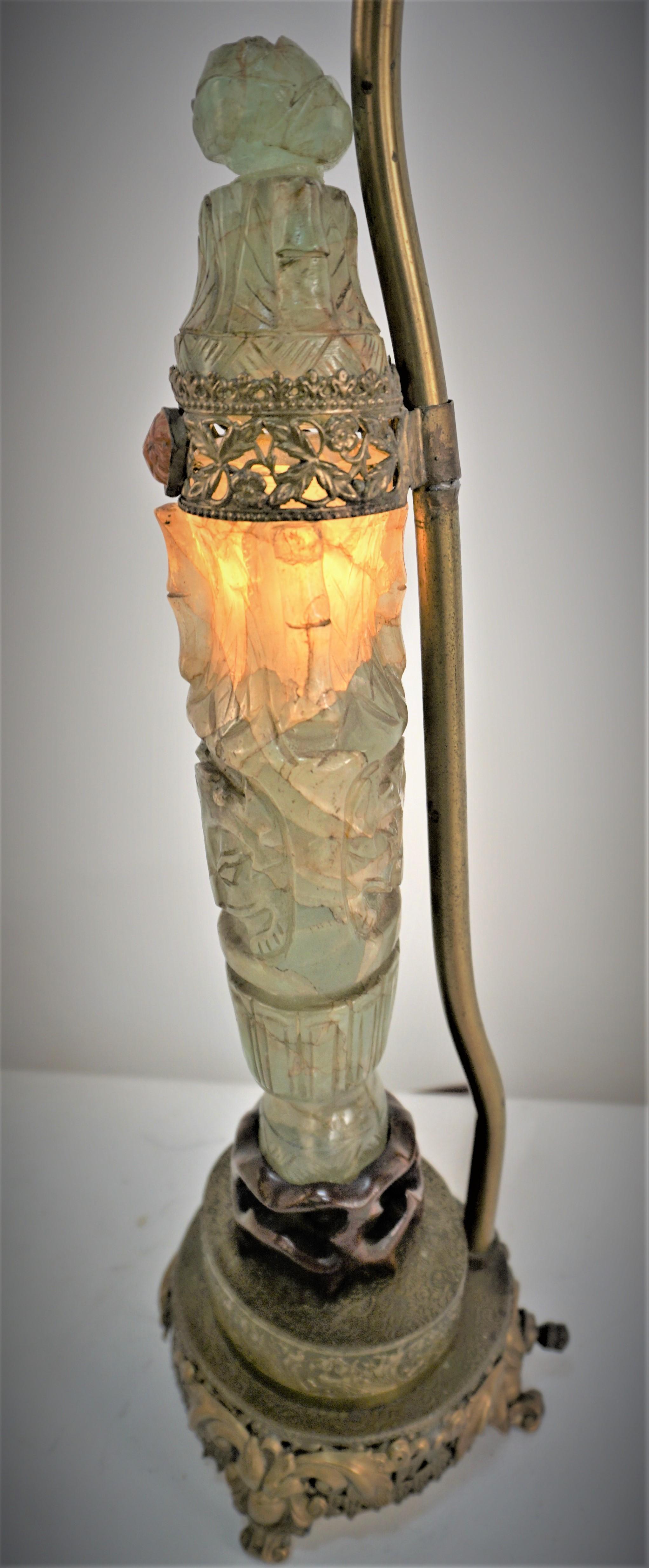 Brass 1920's Chinese Jade Quartz Table Lamp. For Sale