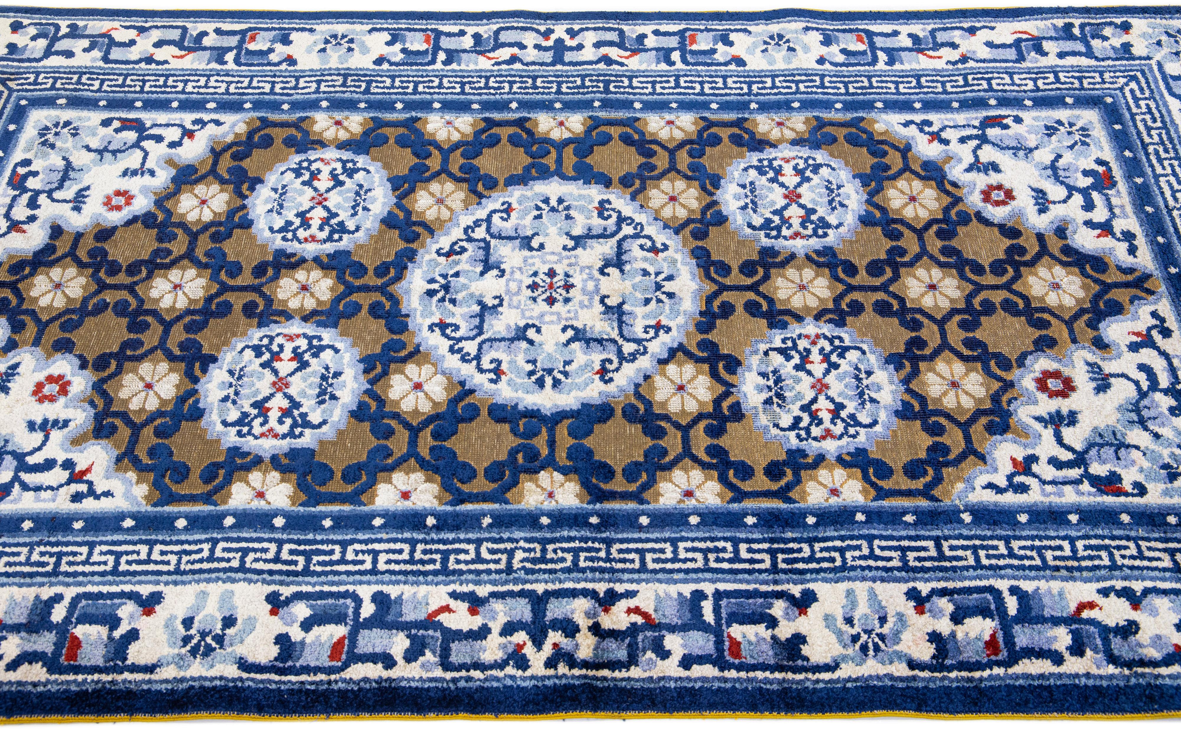 Hand-Knotted 1920s Chinese Peking Wool Rug Handmade with Allover Motif in Brown & Blue For Sale