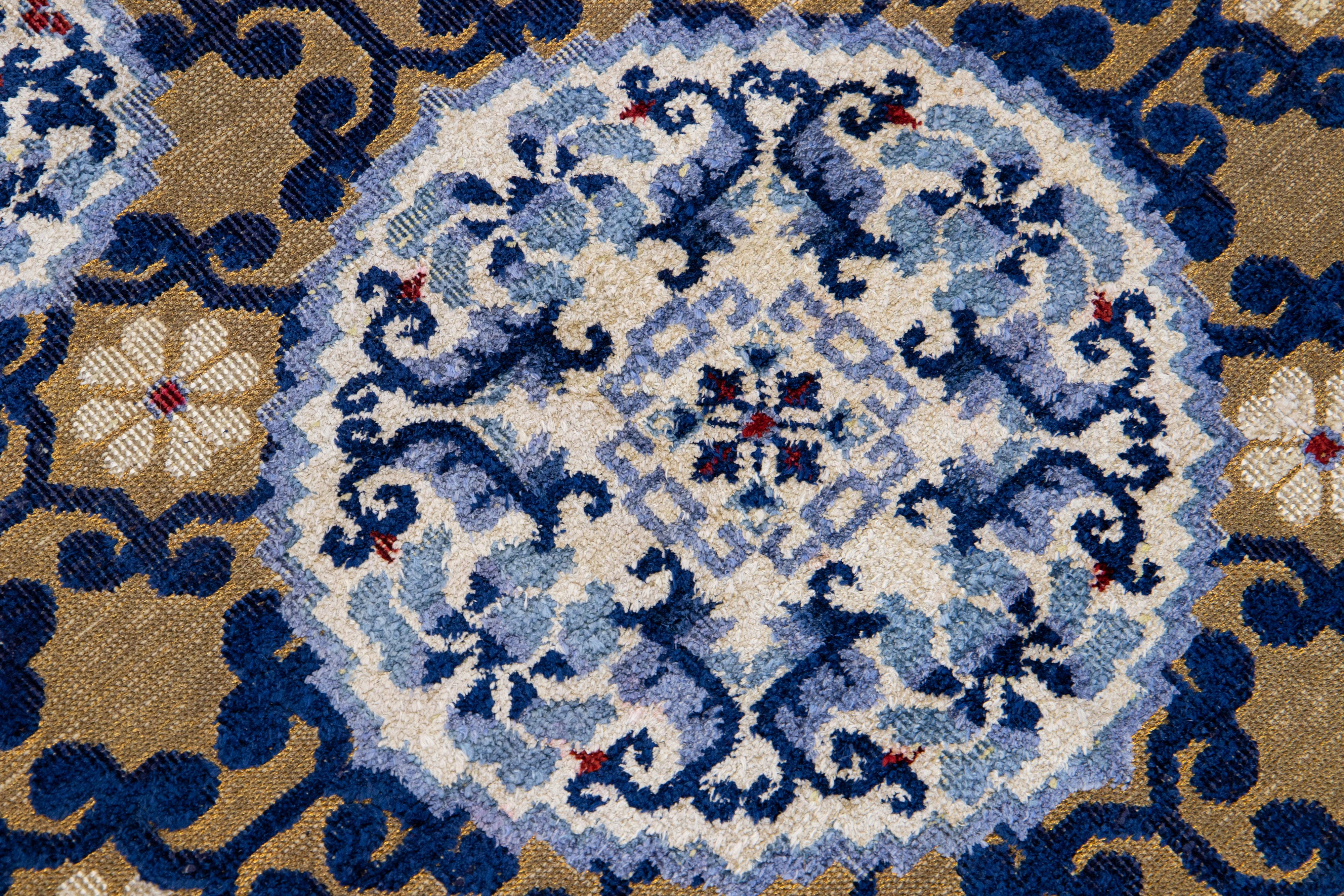 20th Century 1920s Chinese Peking Wool Rug Handmade with Allover Motif in Brown & Blue For Sale