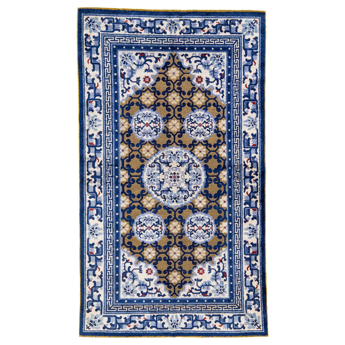 Tapis chinois en laine de Pékin des années 1920 fabriqué à la main avec un motif allover en marron et bleu