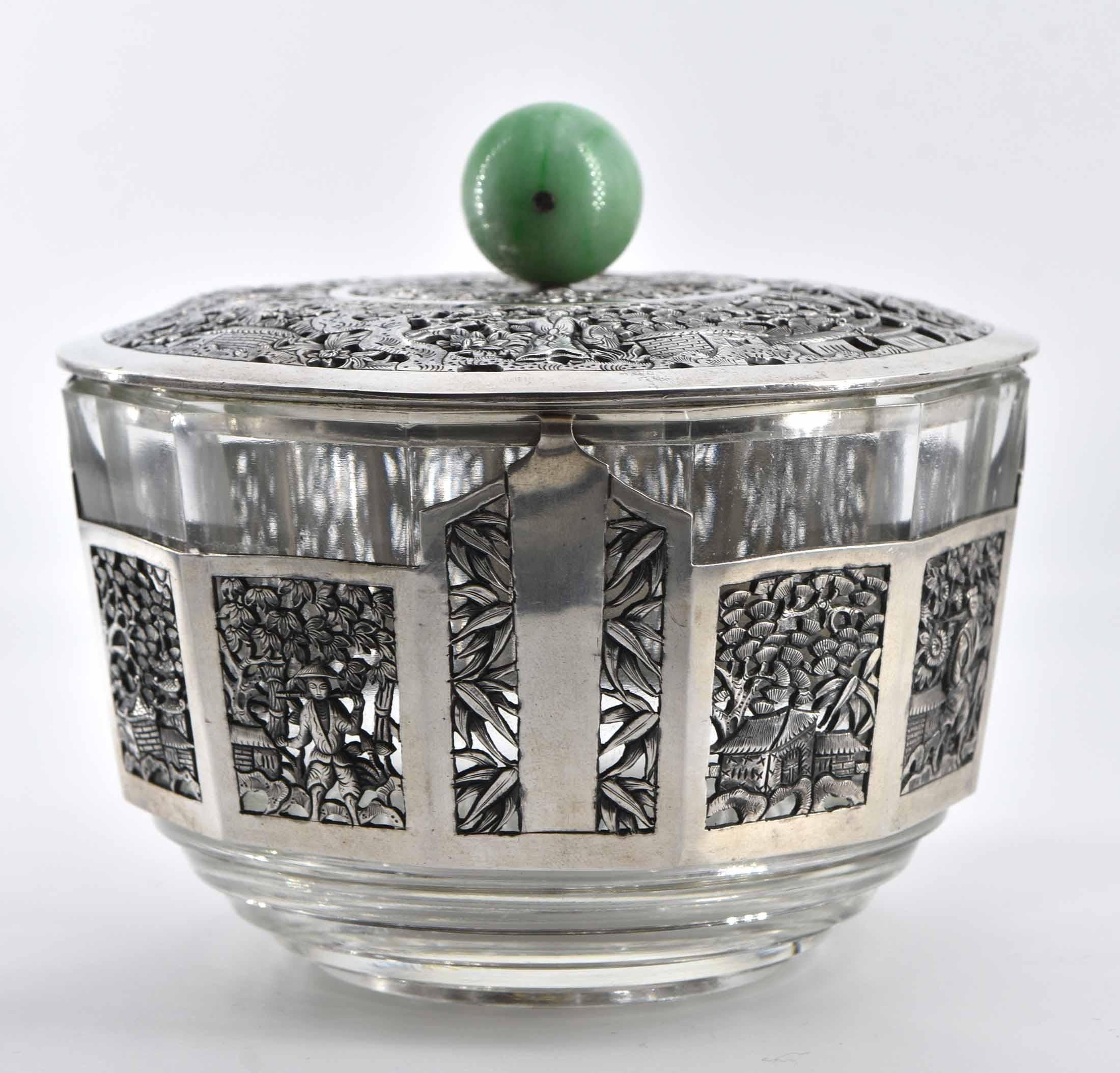 1920s Chinese Silver Plate & Jade Lidded Bowl 5