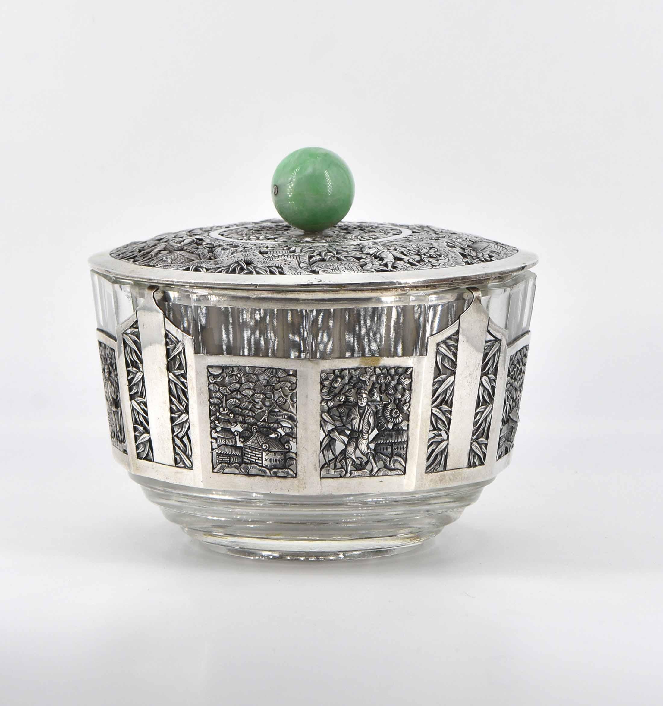 Art Deco 1920s Chinese Silver Plate & Jade Lidded Bowl