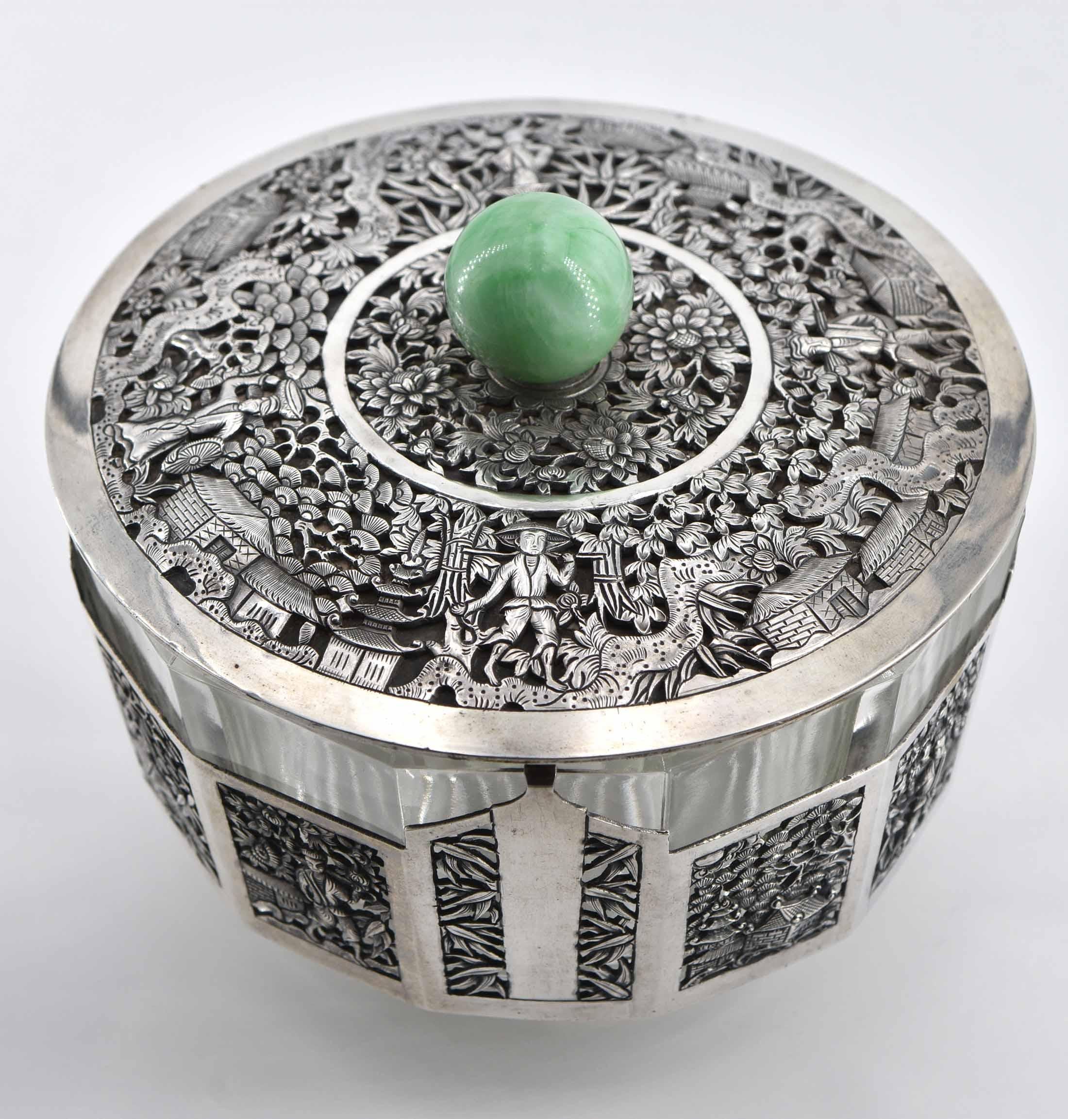 1920s Chinese Silver Plate & Jade Lidded Bowl 1