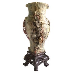 Antique 1920s Chinese Soapstone Hand Carved Floral & Bird Vase