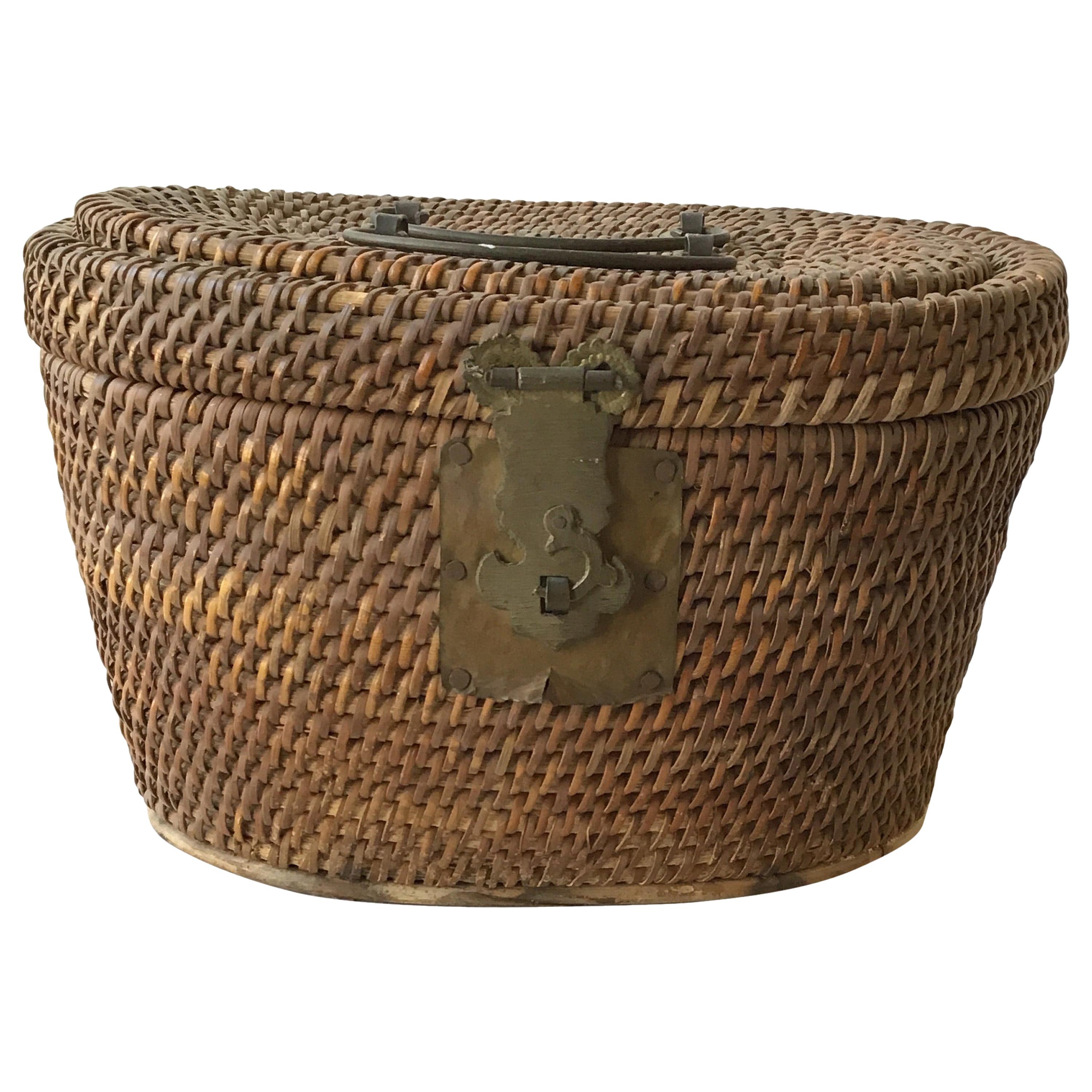 1920s Chinese Wicker and Brass Lunch Basket For Sale