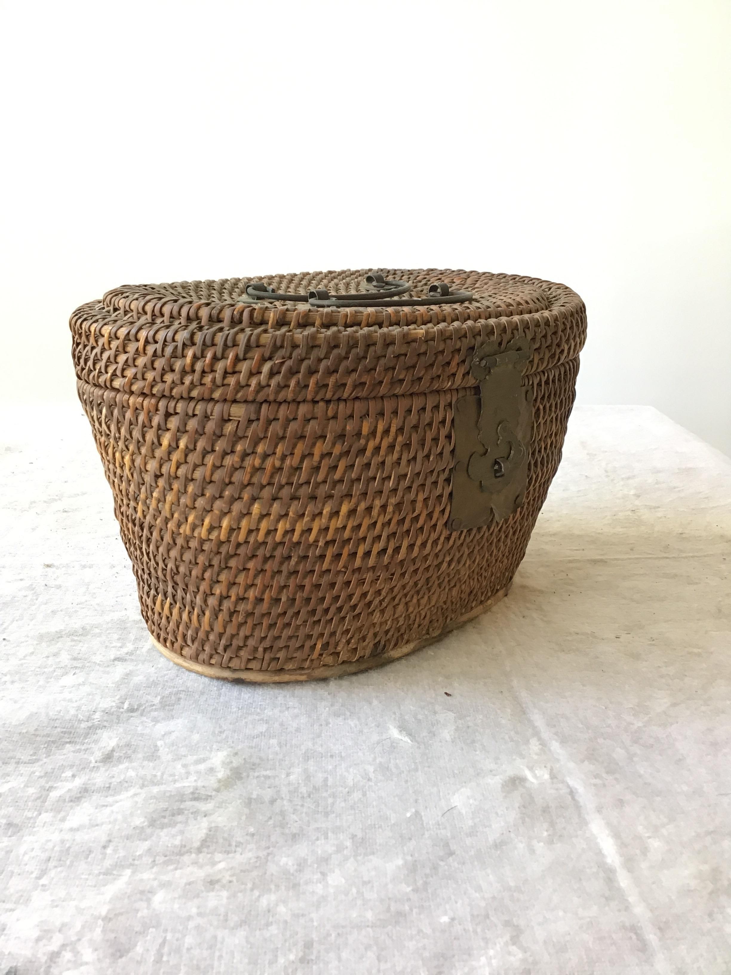 1920s Chinese wicker and brass lunch basket.